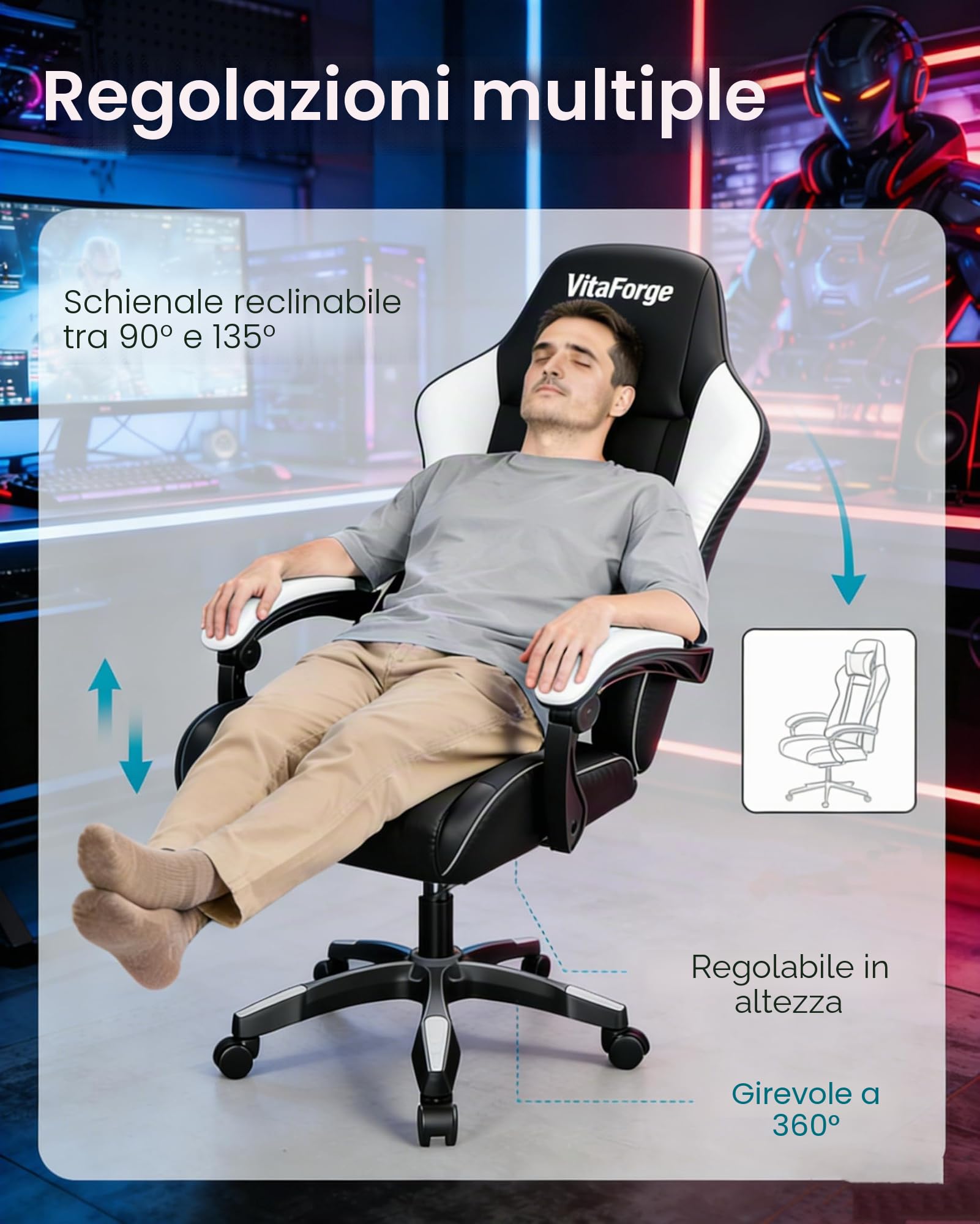 Sedia da Gaming, Sedia per Computer Ergonomica a Schienale Alto Stile Racing con Poggiatesta e Supporto Lombare Regolabili, Girevole in Pelle PU per Adulti, Nero/Bianco