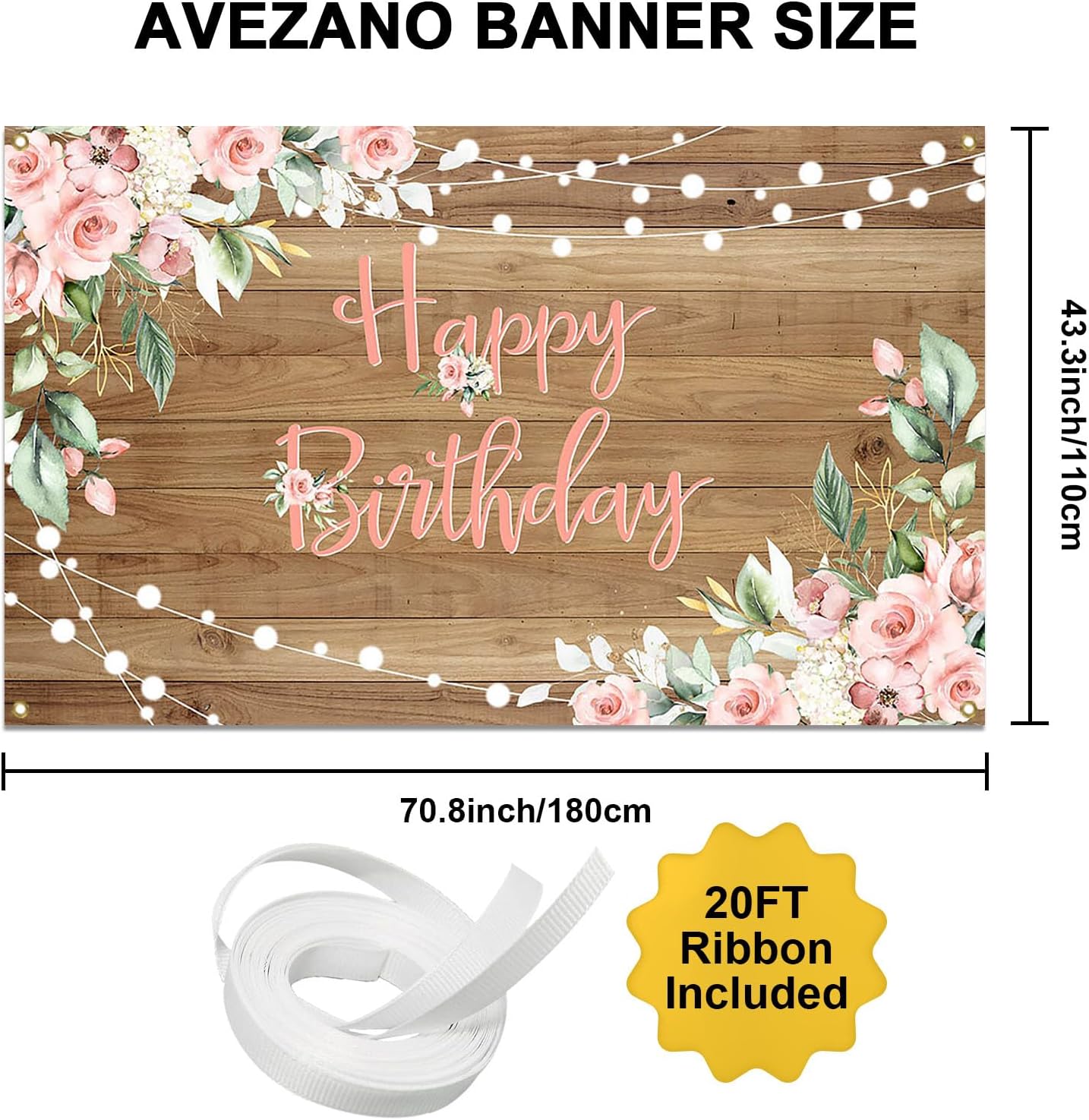 Avezano Rustic Wood Birthday Banner Happy Birthday Party Decorations Pink Floral Girls Women Bday Backdrop Photo Booth Studio Props 6 x 3.6 ft