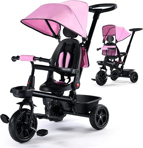 Kinder King Triciclo para niños, triciclo 6 en 1 para niños pequeños con mango de empuje ajustable, asiento giratorio, toldo ajustable, arnés de