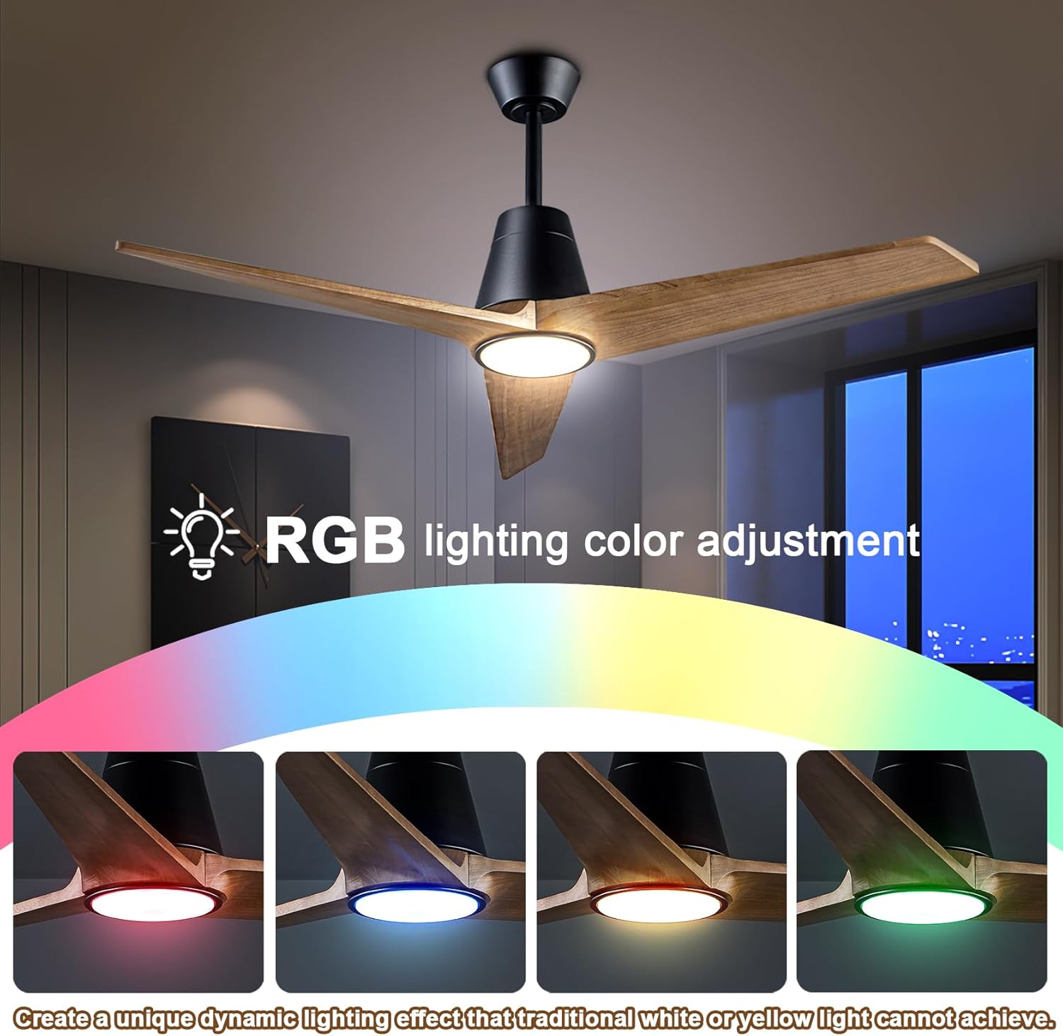 52" Ceiling Fans with Light, Solid Wood Ceiling Fan with Remote Control and DC Motor, with RGB Function, with 3 Fan Blades, Indoor-Outdoor Ceiling Fan for Living Room, Bedroom - Black + Walnut Color