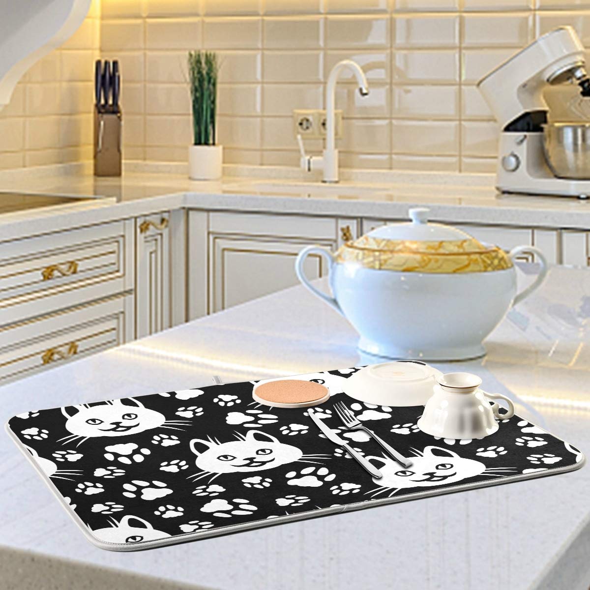 Tre Piccoli Carini Gatti Grande Stuoia di asciugatura Xl per Piatti Accessori Da Cucina Contatore Microfibra Marrone Paese Scolapiatti Pad Resistente al Calore Mat Decor 40x50 Pollici