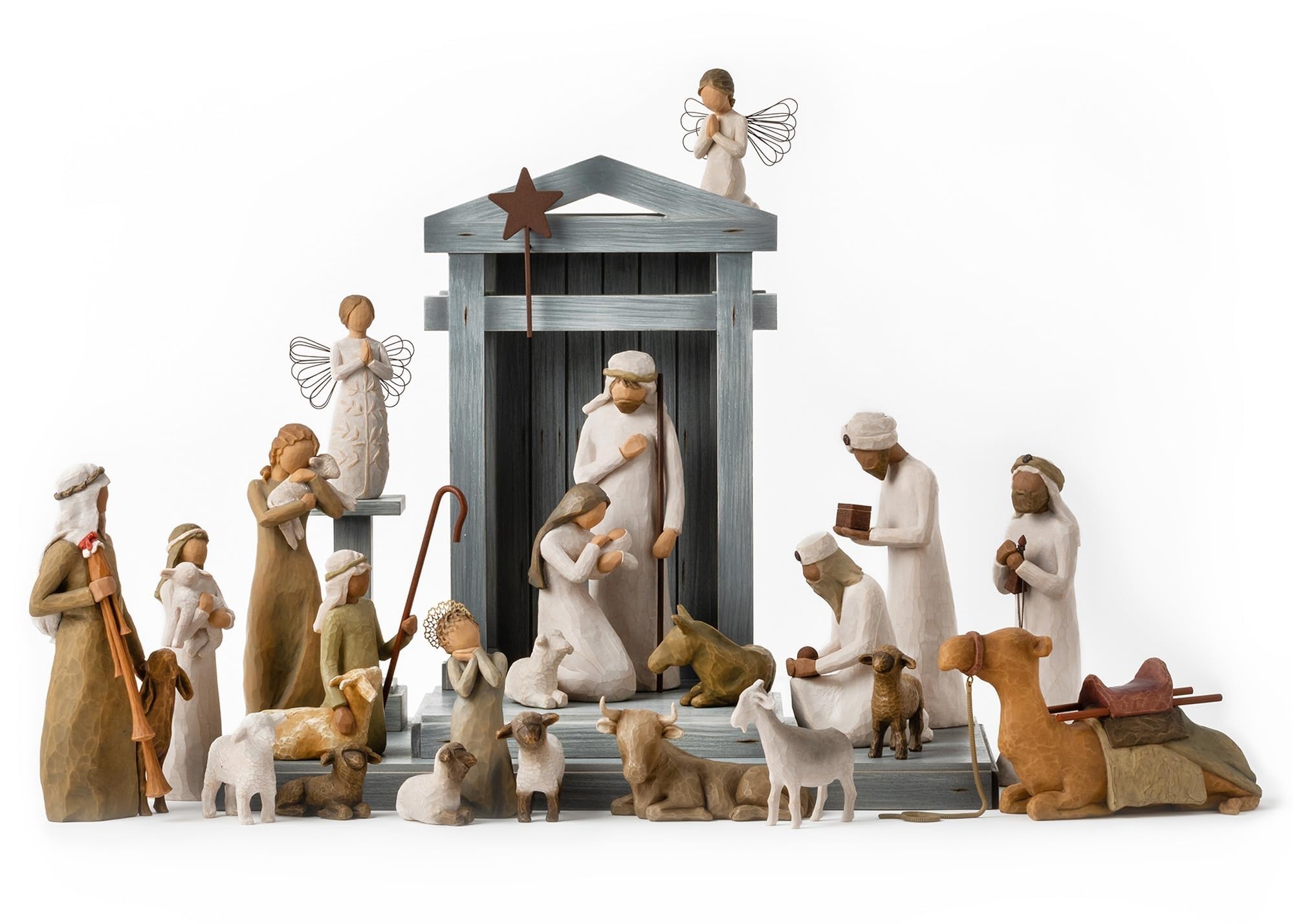 Willow Tree Nativity Premier Plus pasterze, zwierzęta i anioły, 24-częściowy zestaw rzeźbionych figurek