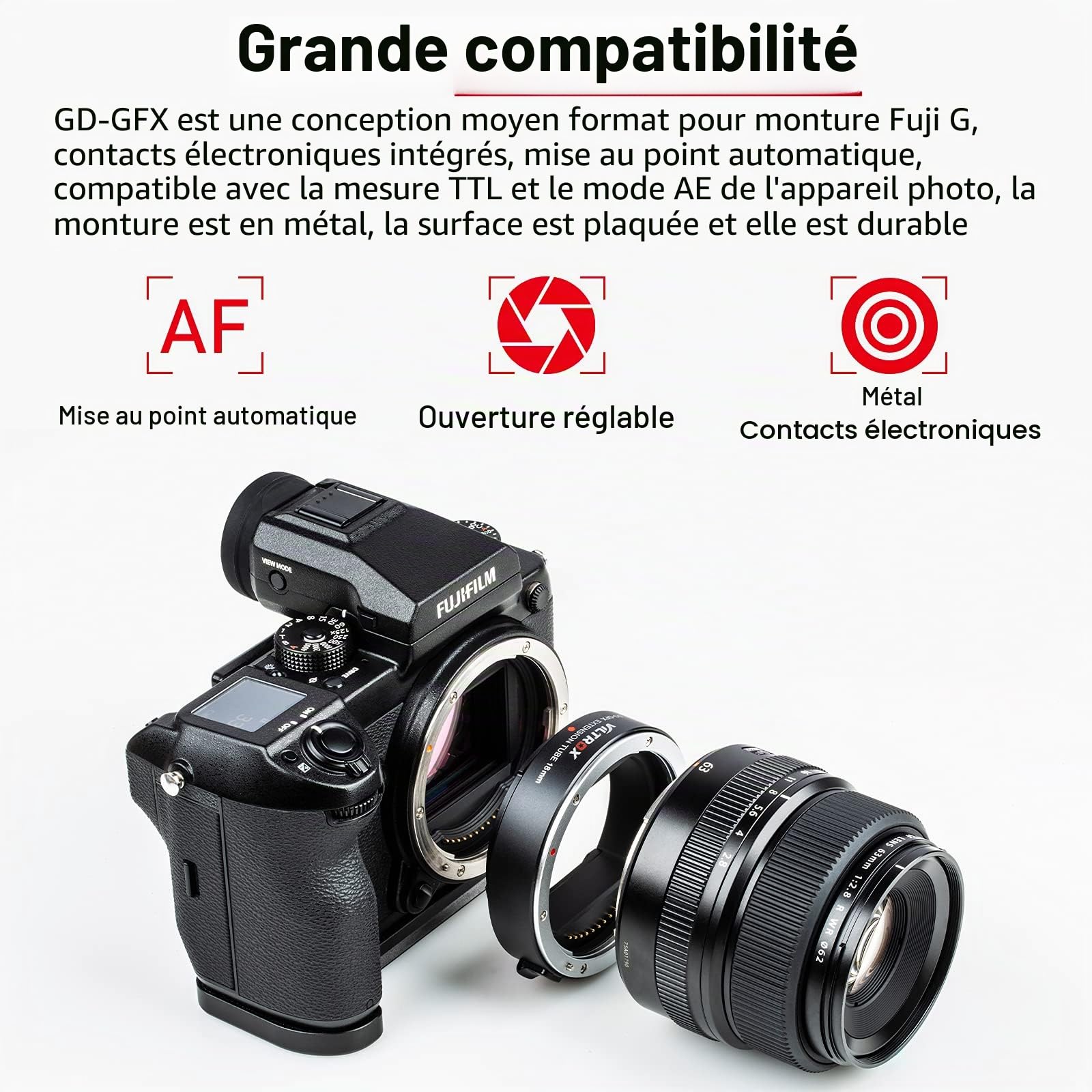 VILTROX DG-GFX 18mm Tube d'Extension Macro à Mise au Point Automatique à Montage en Métal Adaptateur Anneau pour Fujifilm Fuji GFX Mount 50S 50R 100 Caméra