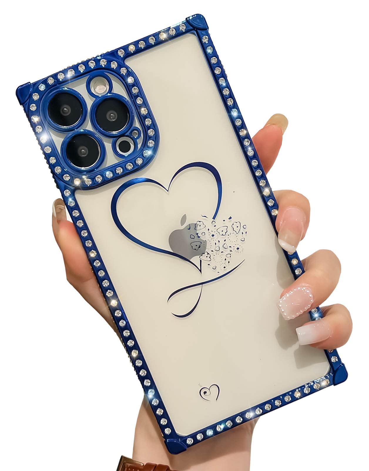 KERZZILCute Square Compatible with iPhone 13 Pro Max Diamond Slim Clear Case, Bling Glitter Rhinestone Gold Plating Love Heart Pattern Shockproof Protective Cases Cover for Women Girls (Blue)
