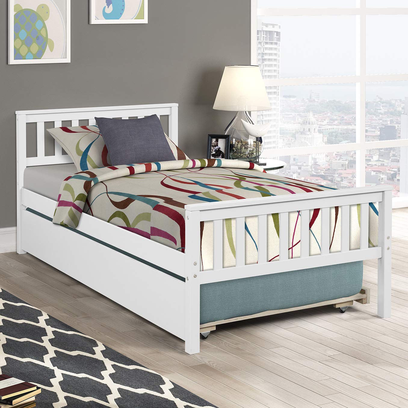 Twin Bed with Pullout Trundle Bed for Kids, Solid Wood Platform Bed