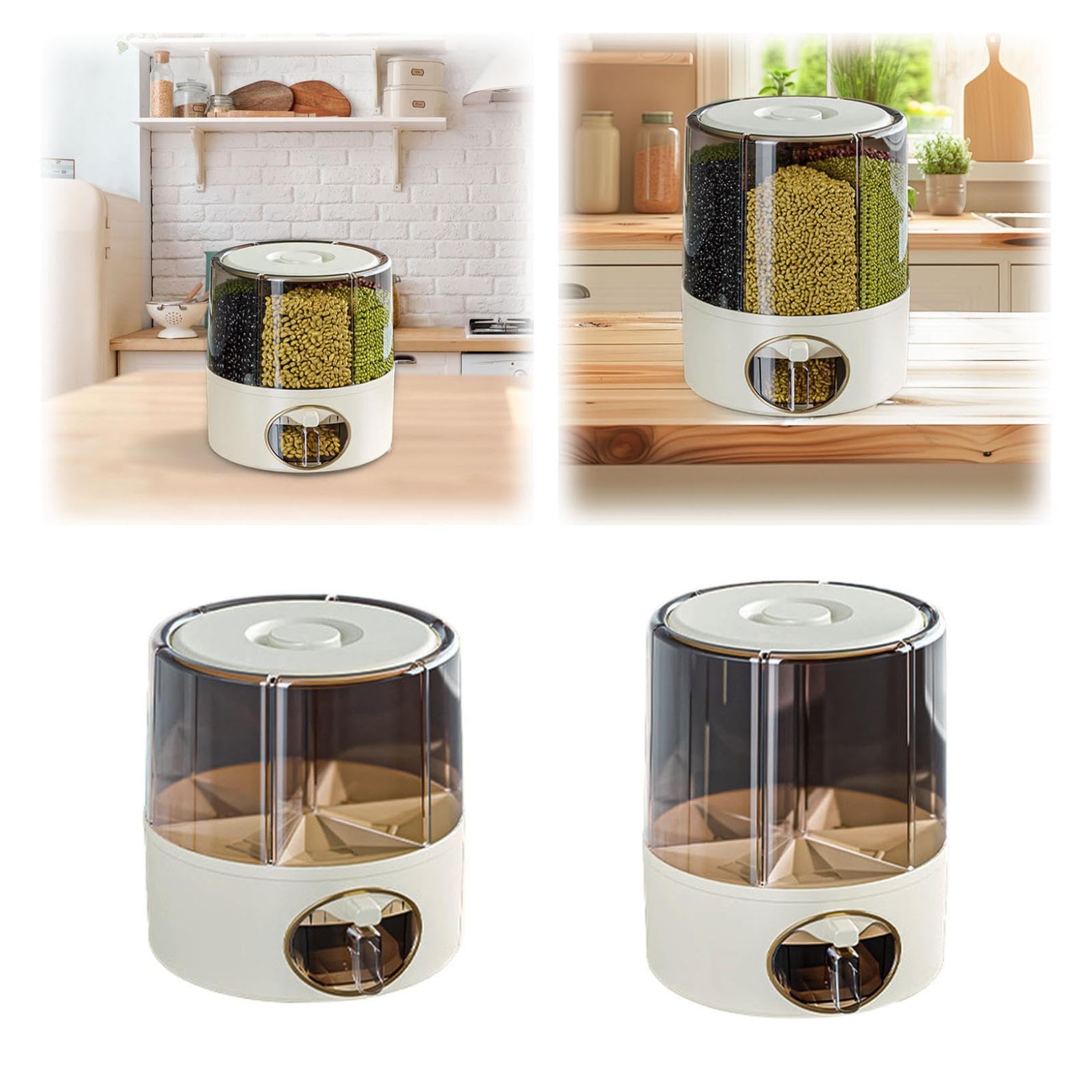 Récipient de rangement rotatif 360° pour céréales, distributeur de riz transparent 6 compartiments avec sortie en un clic, organisateur hermétique