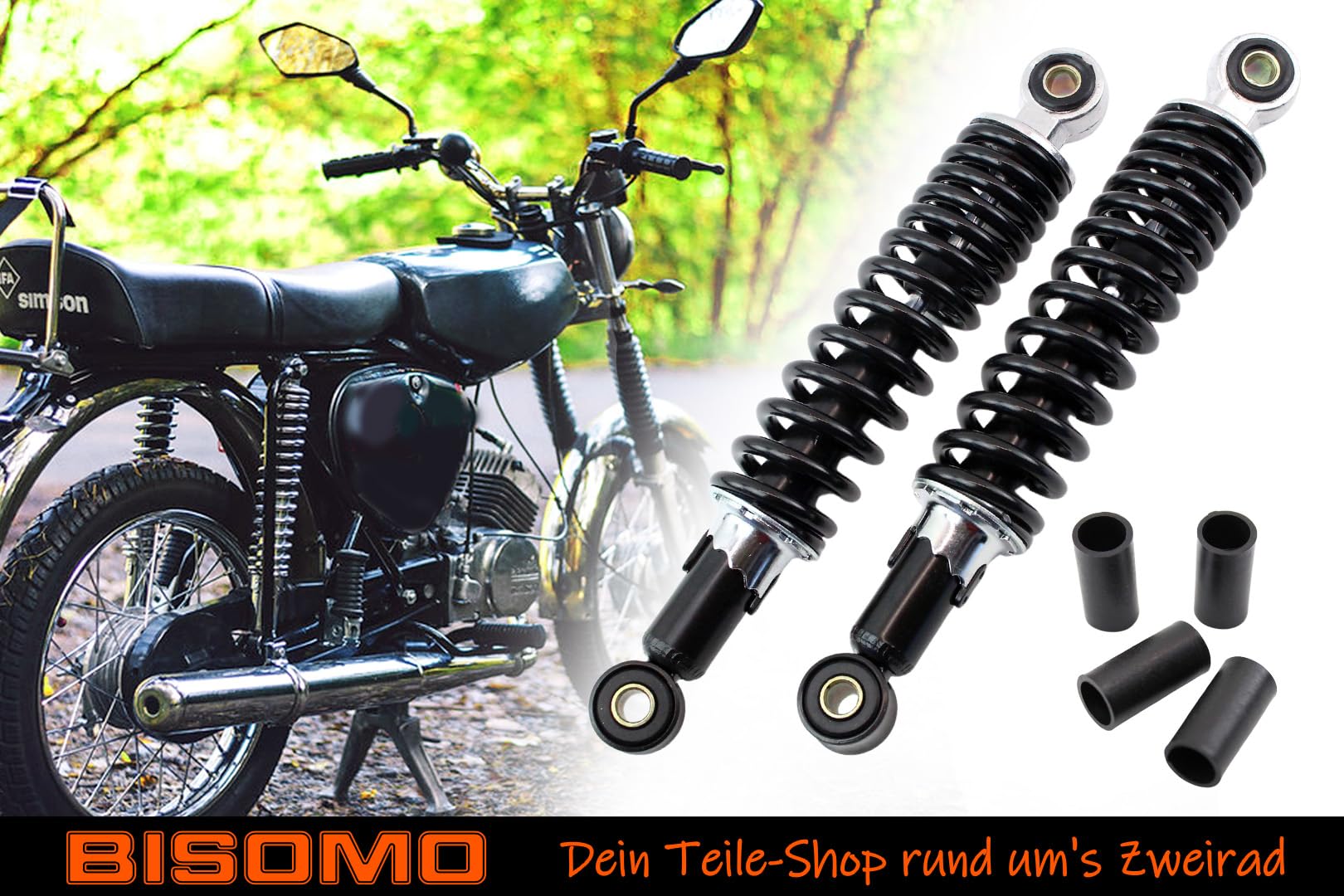 Paar Stoßdämpfer 260mm Einbaulänge, Aufnahme 10mm mit Reduzierhülsen 8mm, 5-fach verstellbar, Simson KR51 Schwalbe, SR4-2 Star, SR4-3 Sperber, SR4-4 Habicht, DUO