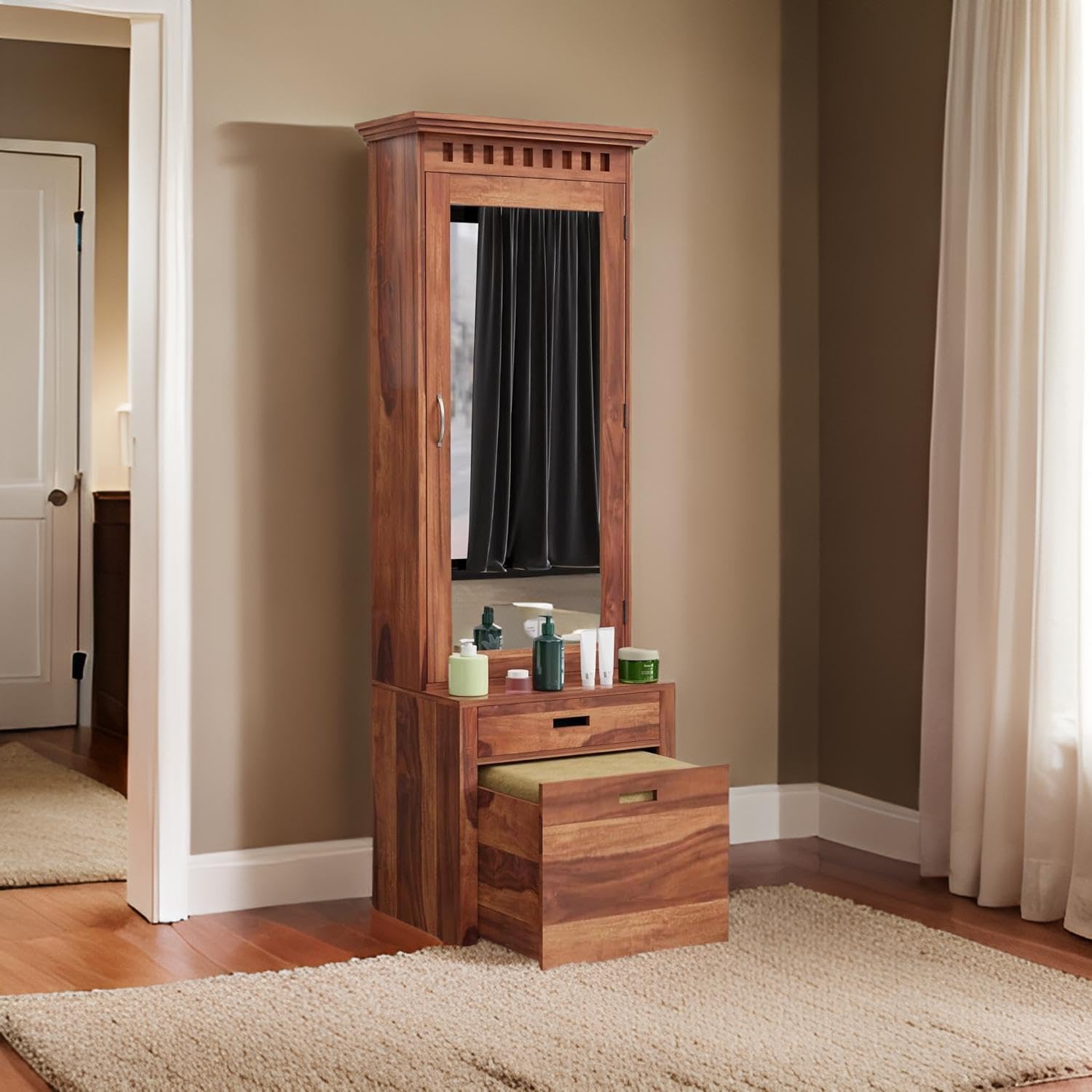 RoseWoodZone Solid Wood Wooden Dressing Table for BedroomMirror and Large with Mirror | Long Dresser Table with Mirror (Honey)-image-46