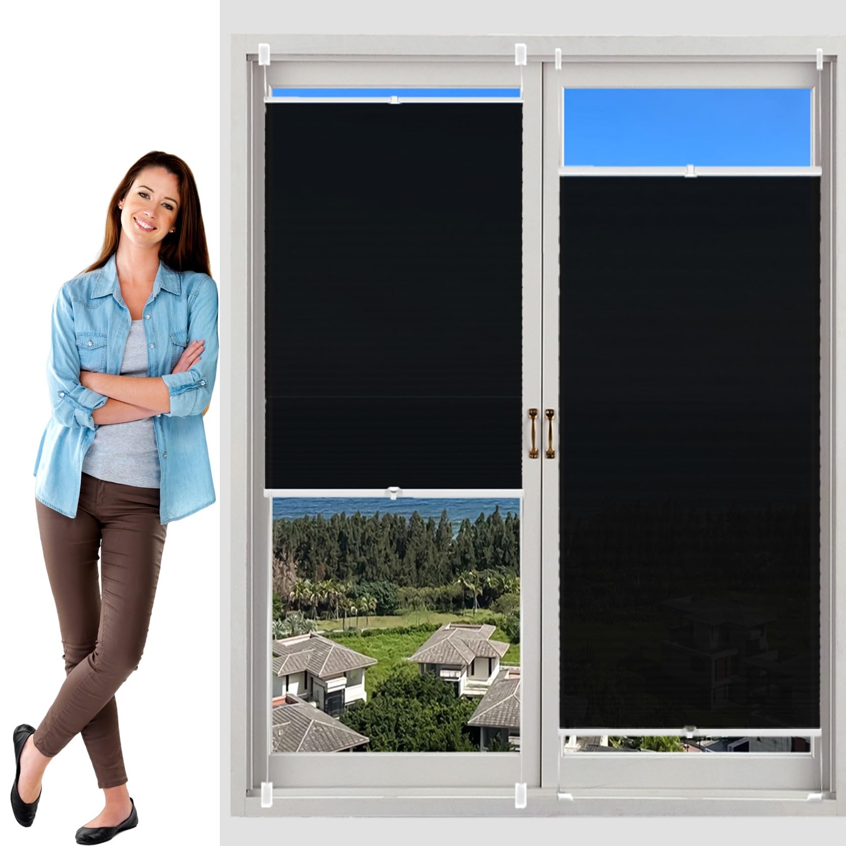 No Drill Blinds Instant Temporary Blinds 75 x 195 cm (W x H), Easy to Install No Tools Needed Quick Fix, Pleated Blinds Privacy Screen, Blackout Cellular Shades, for Window Door, Black