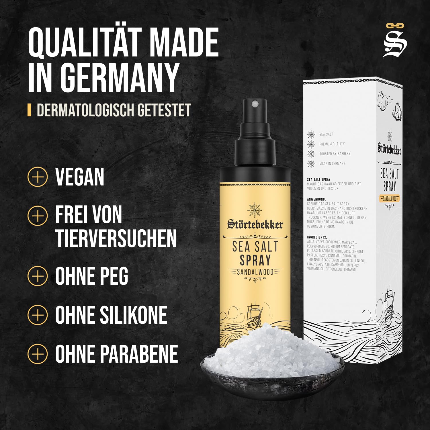 Störtebekker® Premium Sea Salt Spray Sandelholz – Salzwasserspray mit natürlichem Meersalz für Volumen, Glanz & flexiblen Halt – vegan, ohne Silikone & Parabene (200 ml) - Texture Spray Haare