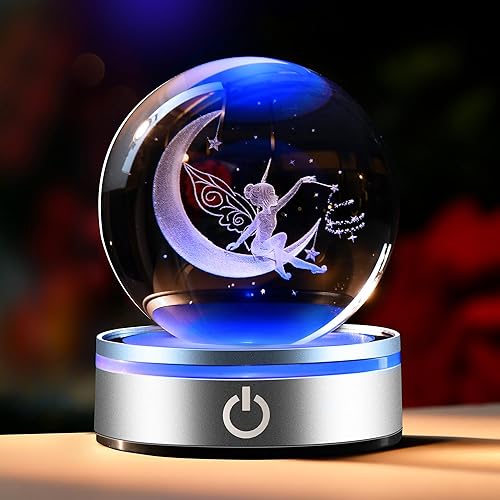IFOLAINA Moon Fairy Crystal Ball 3D Laser Engraved Fairy Glass Ball Fairy Night Light Decorative Globes 3D Crystal Moon Sphere Fairy Gifts for Girl Her Fairy Lover, 1163Z