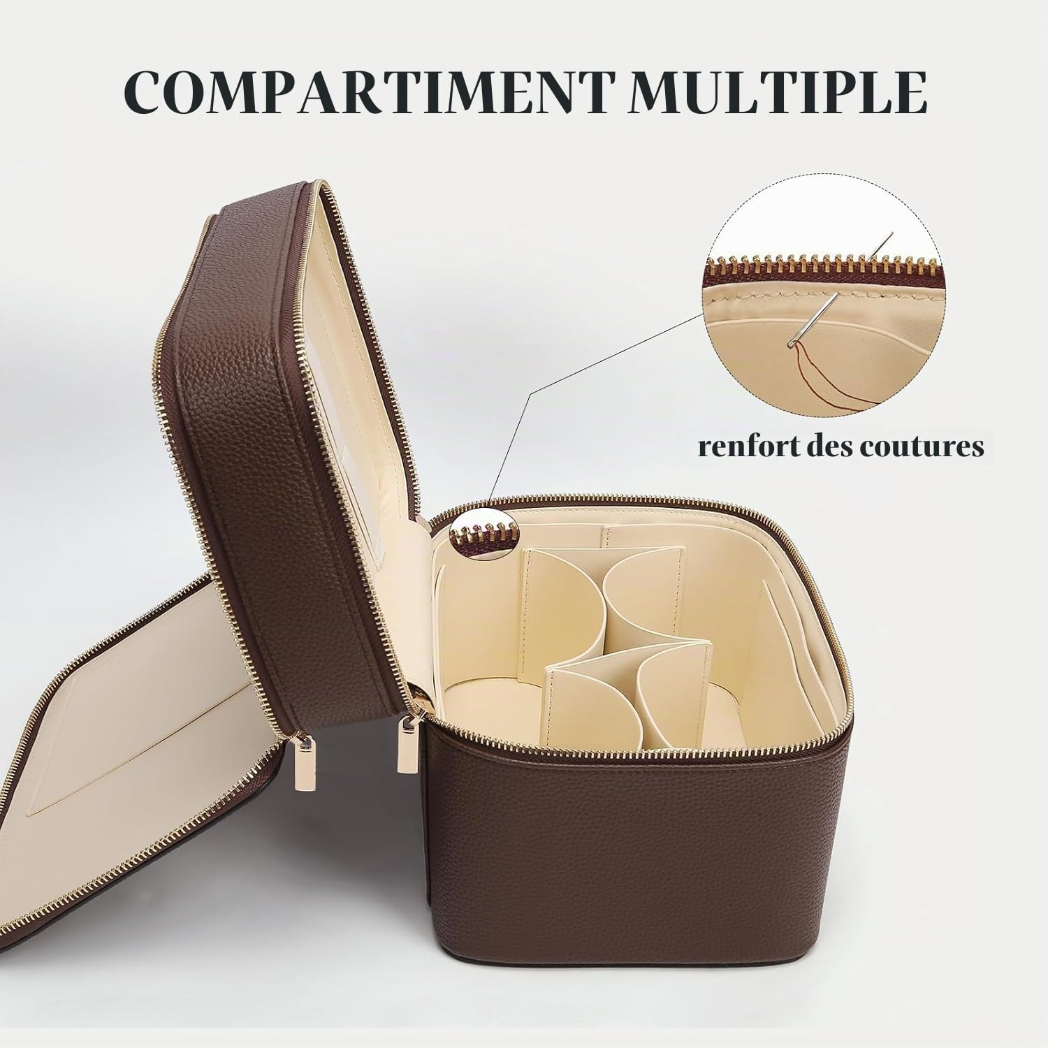 Vanity Maquillage en Cuir Double Couche Femme, Grande Trousse de Maquillage Voyage avec Compartiment Amovible, Trousse de Toilette Imperméable Portable