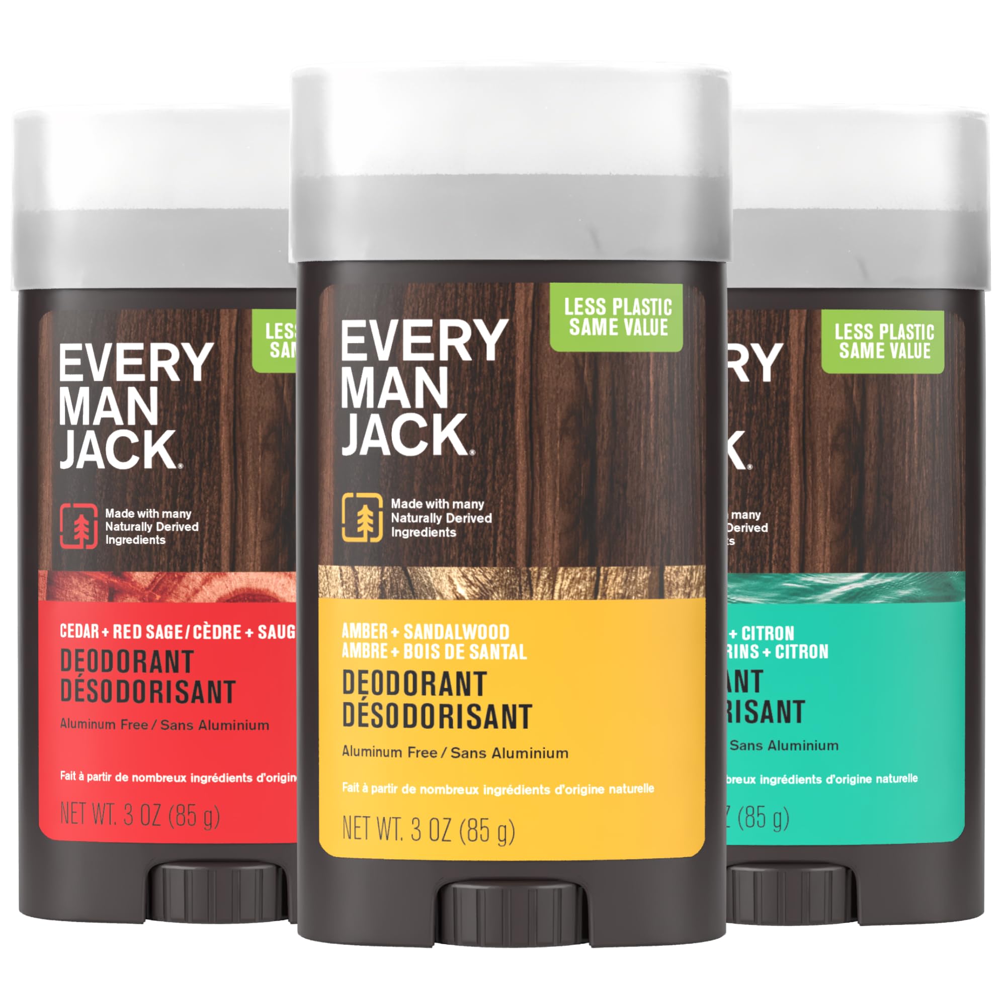 Every Man Jack Men's Deodorant Variety Set - Three Full-Sized Deodorant Sticks with Clean Ingredients & Incredible Scents - Cedar + Red Sage, Amber + Sandalwood, Sea Mineral + Citron - 3 oz (3 Pack)