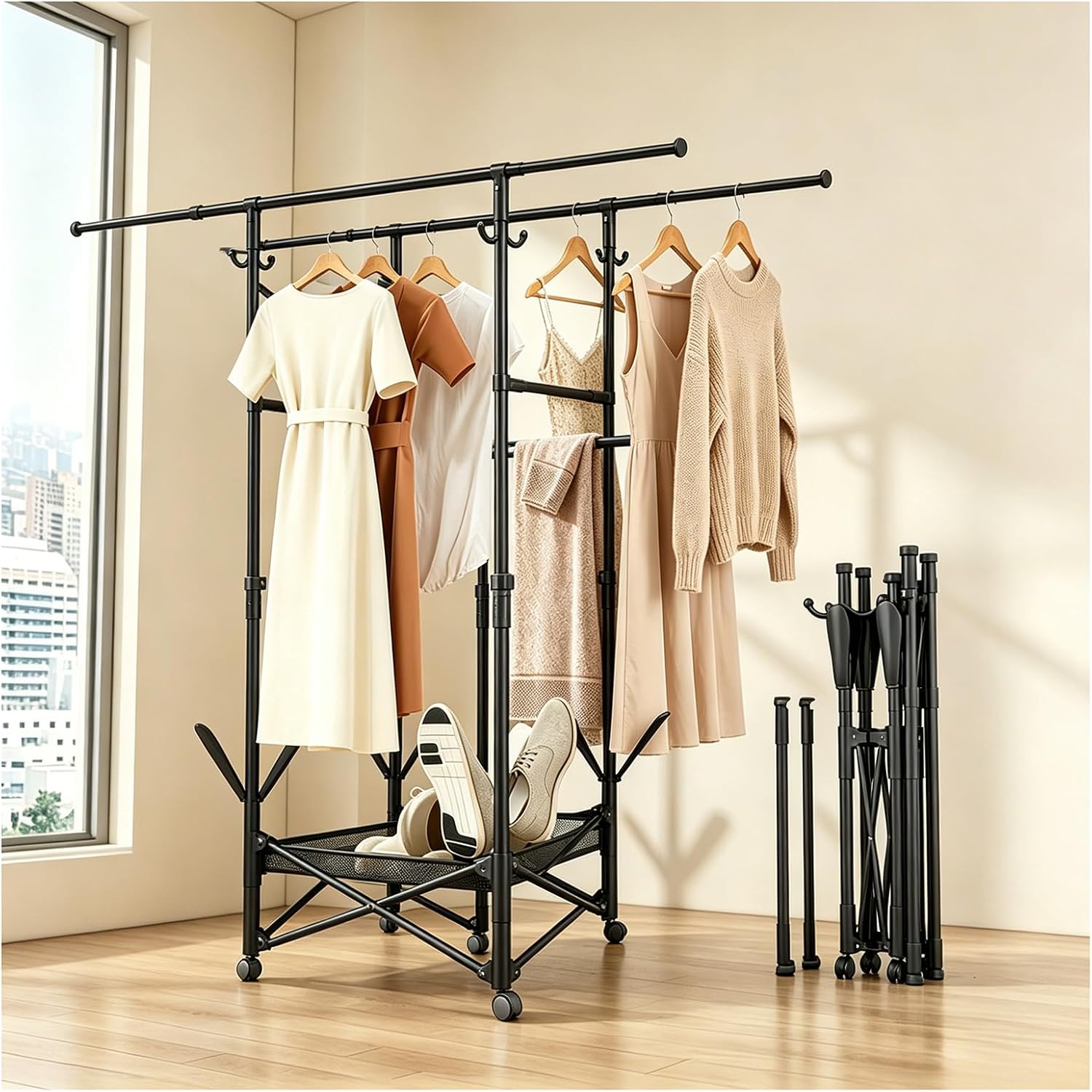Foldable Collapsible Rolling Clothes Drying Rack,Adjustable Double Rods Laundry Airer(33.1–56.7"),Carbon Steel Pipe Standing Garment Rack for Indoor Outdoor Laundry Room (Black, A)