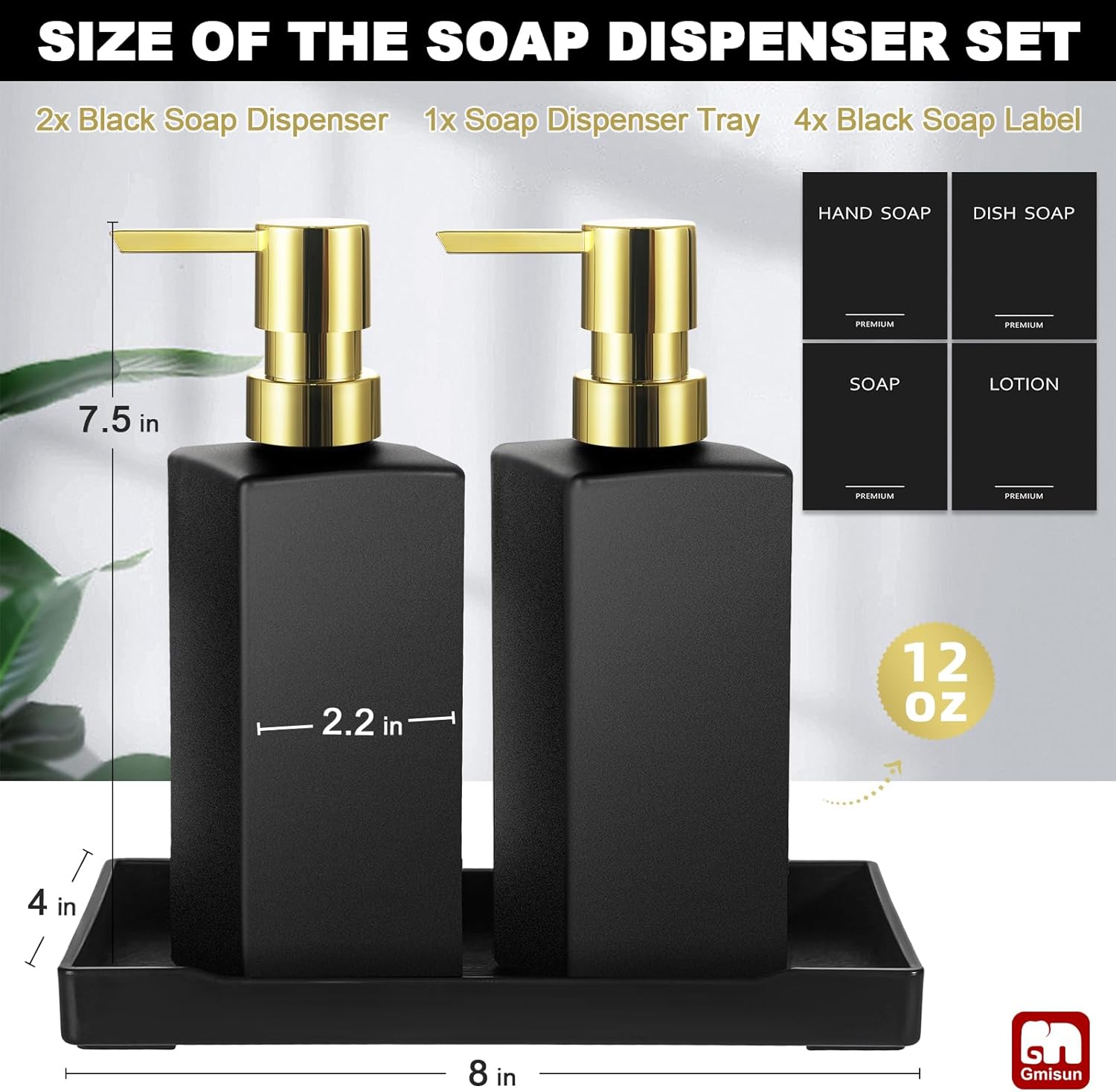 GMISUN Kitchen Soap Dispenser Set with Tray, Dish Soap Dispensers for Kitchen, 12fl oz/350ml Hand and Dish Soap Dispenser Set, Black Soap Dispensers with Gold Pump, Glass Liquid Soap and Lotion Bottle - Image 2