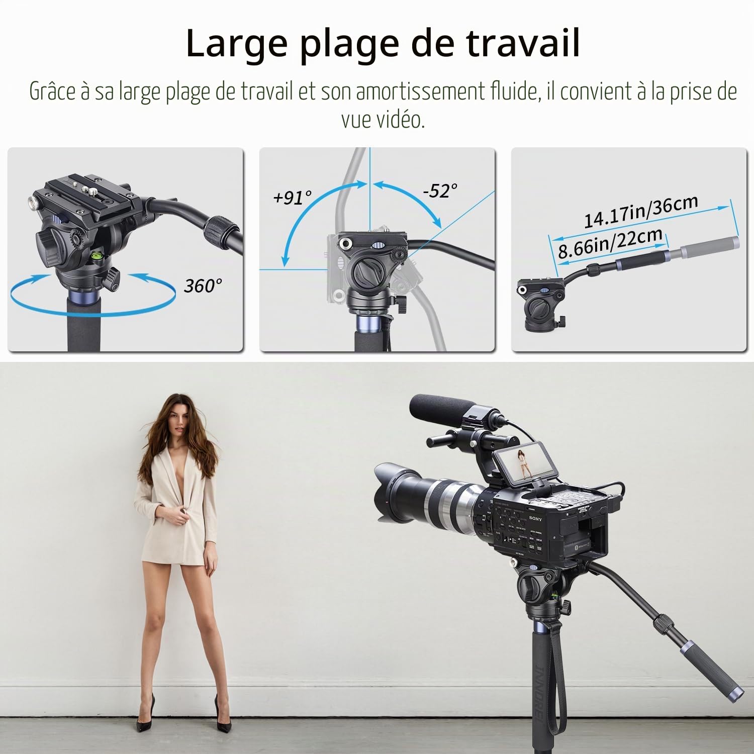 INNOREL VM70CK Monopode en Fibre de Carbone pour Caméra Télescopique avec Tête Fluide et Base Tripode Pliable