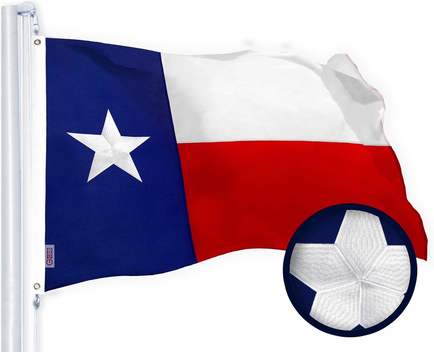 G128 Texas State Flag | 3x5 Ft | StormFlyer Series Embroidered 220GSM Spun Polyester | Embroidered Design, Indoor/Outdoor, Brass Grommets, Heavy Duty, All Weather