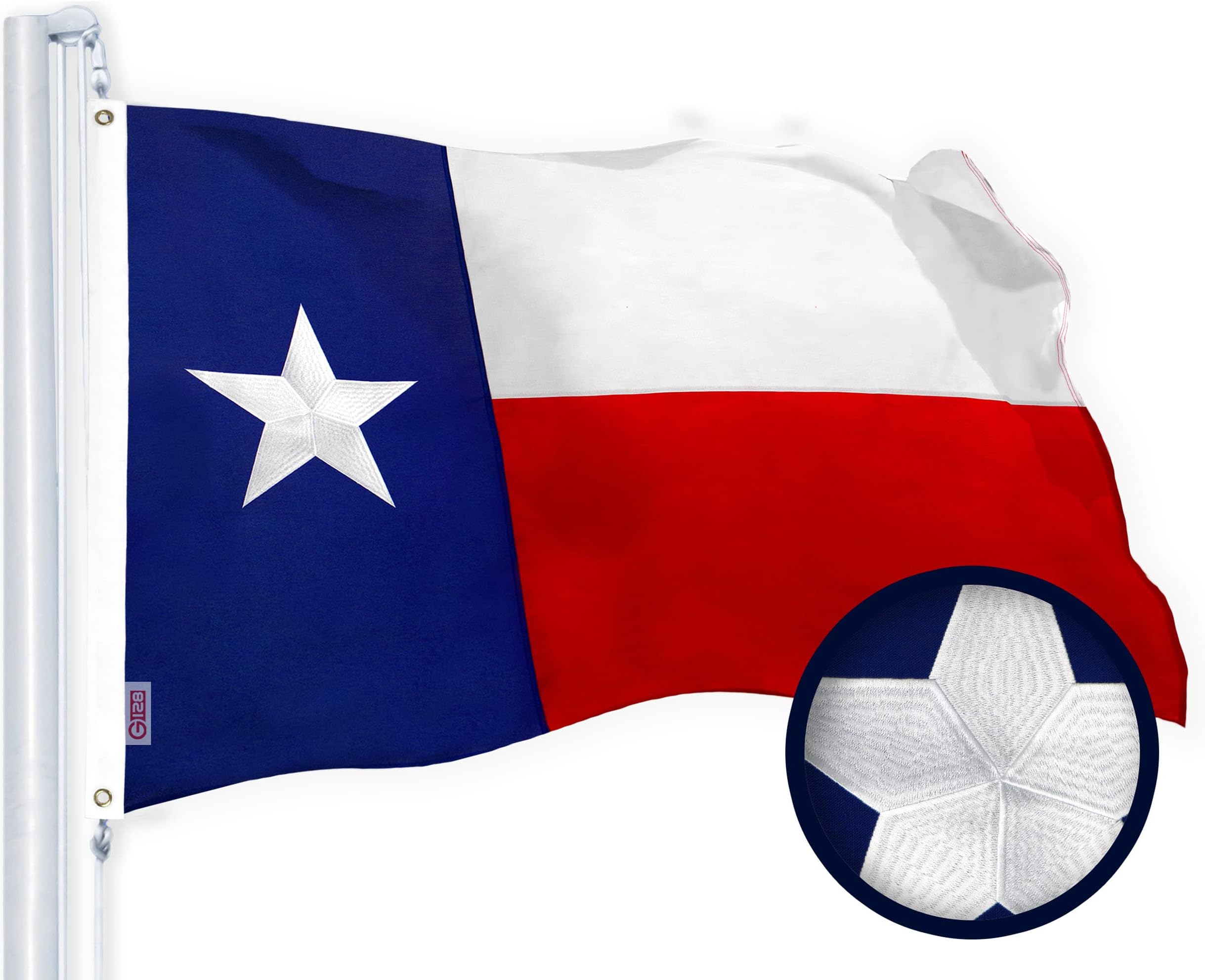 - G128 Texas State Flag | 3x5 Ft | StormFlyer Series Embroidered 220GSM Spun Polyester | Embroidered Design, Indoor/Outdoor, Brass Grommets, Heavy Duty, All Weather