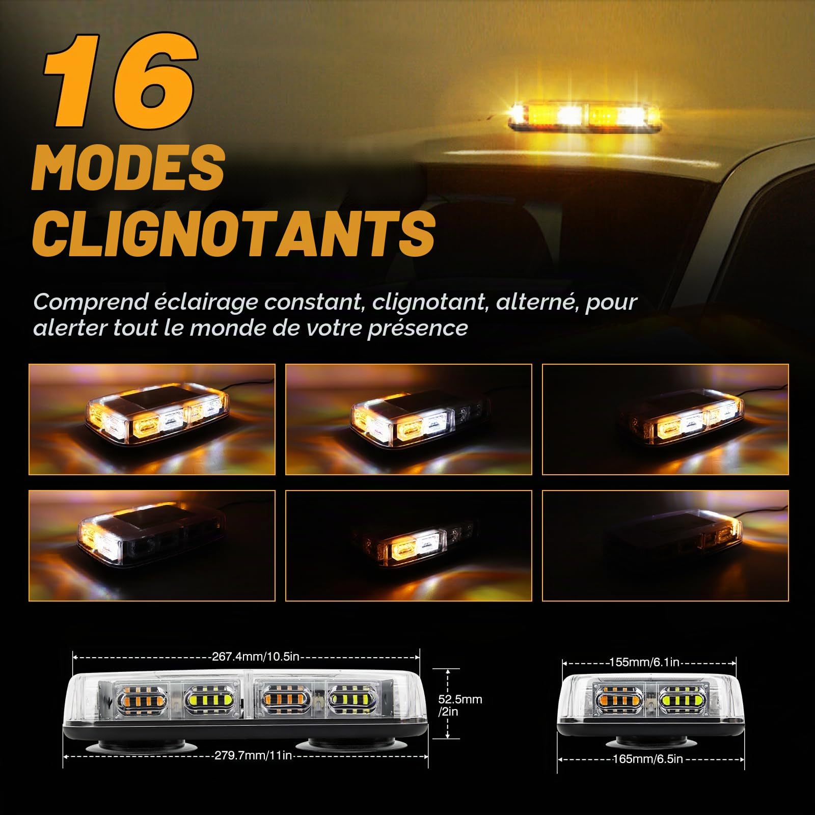 Gyrophare Magnetique LED pour Véhicule Voiture, 48W Lampe stroboscopique LED Orange 12V-24V Lampe d' Avertissement, avec 16 Flash Modes, 5m Câble Prise Allume-Cigare (Ambre& Blanc)