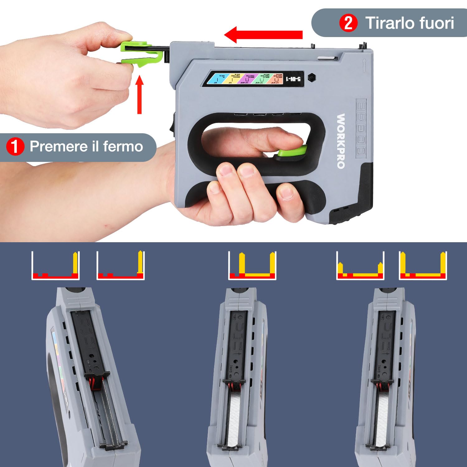 WORKPRO 5-in-1 Graffatrice Elettrica a Batteria 3,6V, Pistola per Graffette con Batteria da 2000mAh per JT21, T50, T20, BN18, PIN, Inclusi 2000 Graffette e Chiodi, Ideale per Decorazioni, Falegnameria