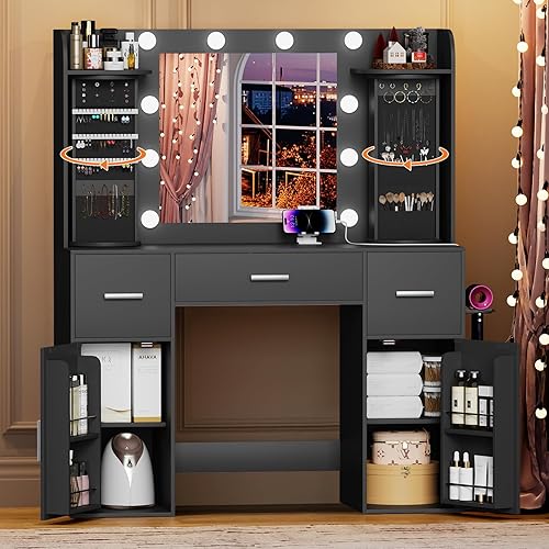 EasyCom Vanity Desk with Rotating Jewelry Organizers, Makeup Vanity with Mirror and Lights, Dressing Table with USB-C Charging Station, 3 Drawers and 2 Cabinets for Bedroom, Dressing Room, Black