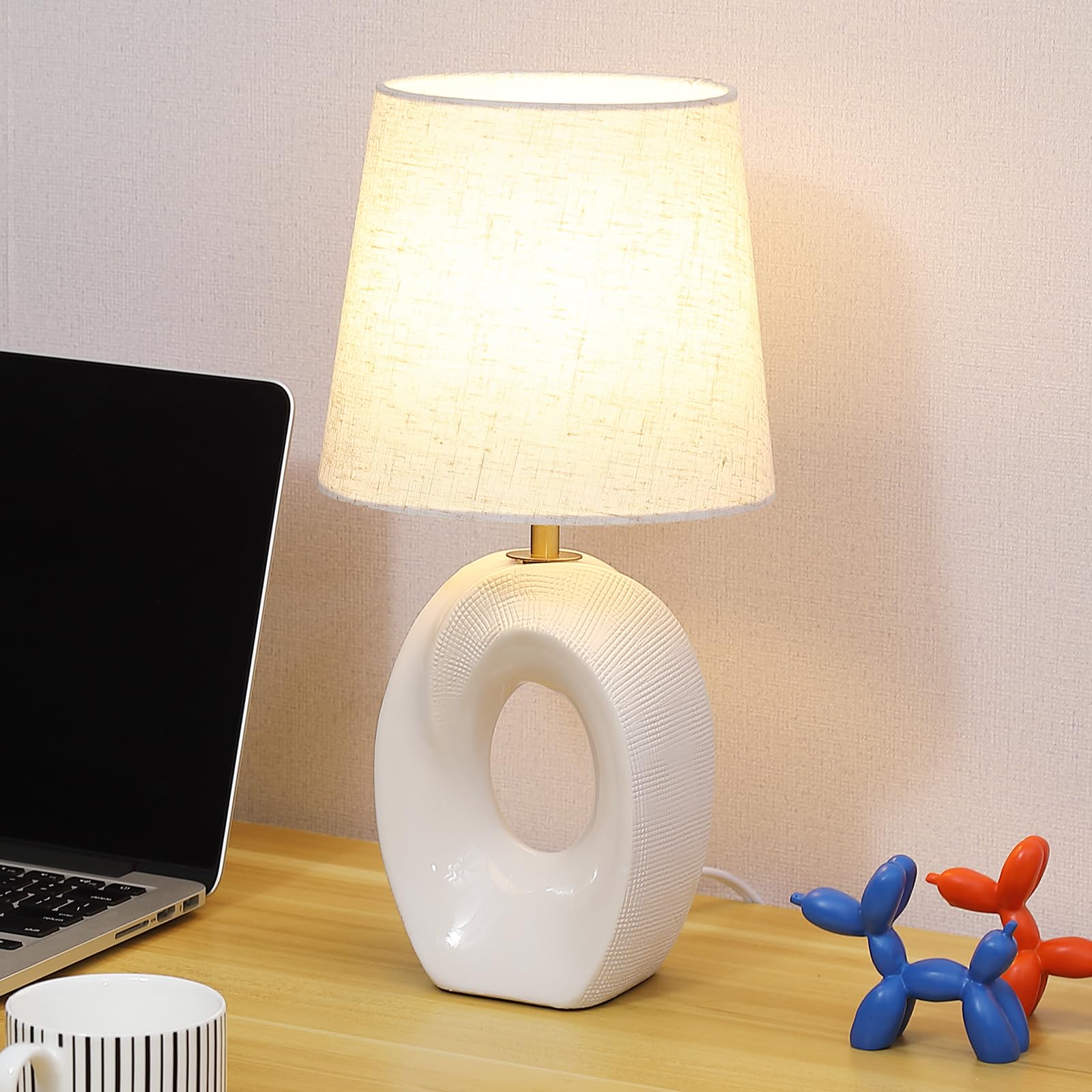 Small White Ceramic Table Lamp Modern Boho Bedside Nightstand Lamp