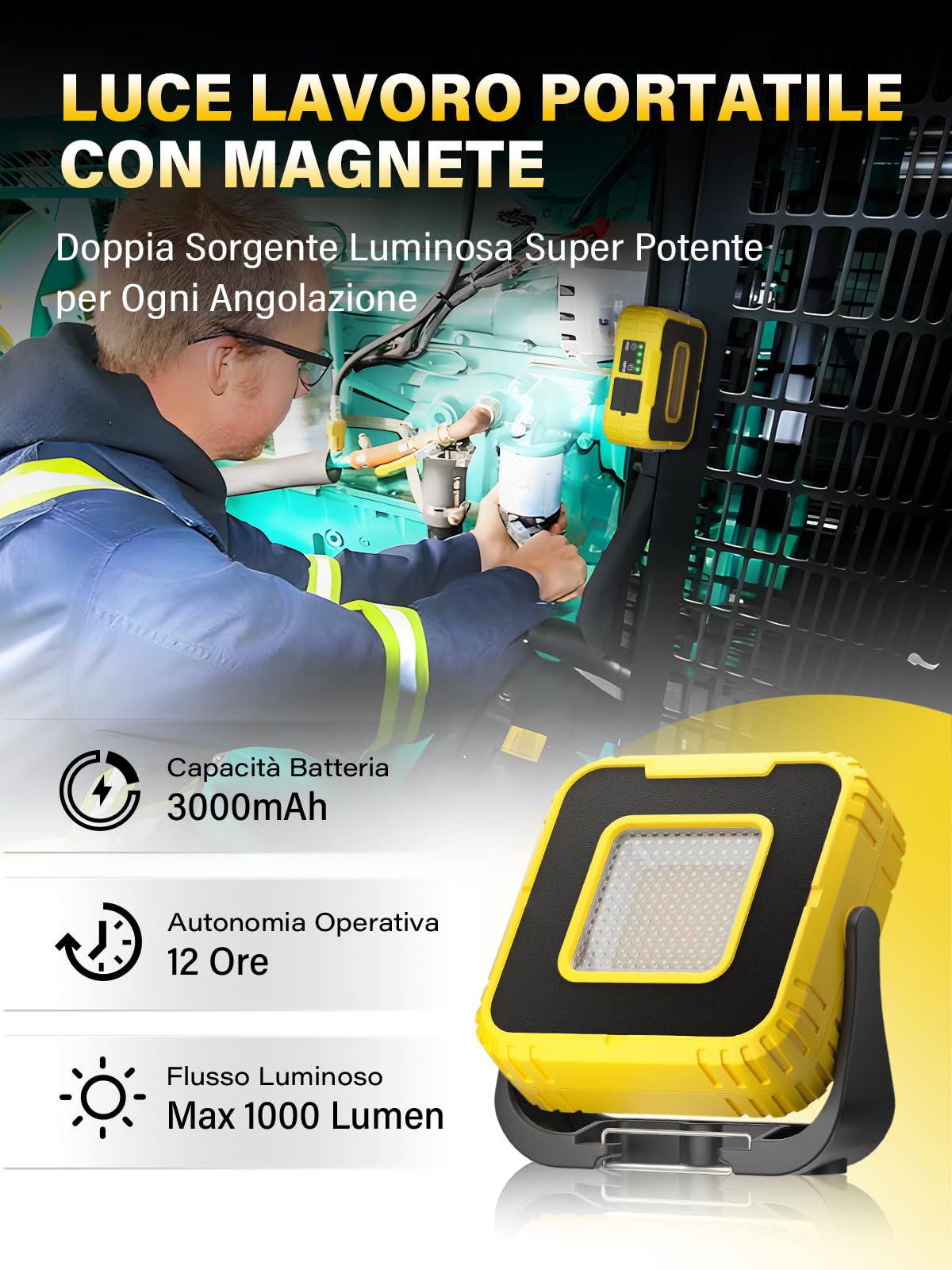 COPPA Luci da Lavoro, GZ01 Portatile Luce Ispezione 3000mAh Ricaricabile Doppia Sorgente Luminosa con Stroboscopica Luce 360° Rotazione Magnetica LED Lampada Officina per Campeggio Riparazione Garage