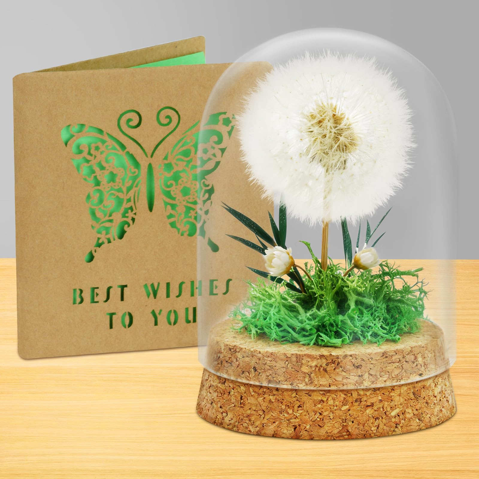 Diente de León Real en Vidrio Regalo,Real Diente de león en Cristal con Tarjeta de Felicitación,Decoración Eterna de Diente de León,Decoración para Cumpleaños,Boda,Consagración