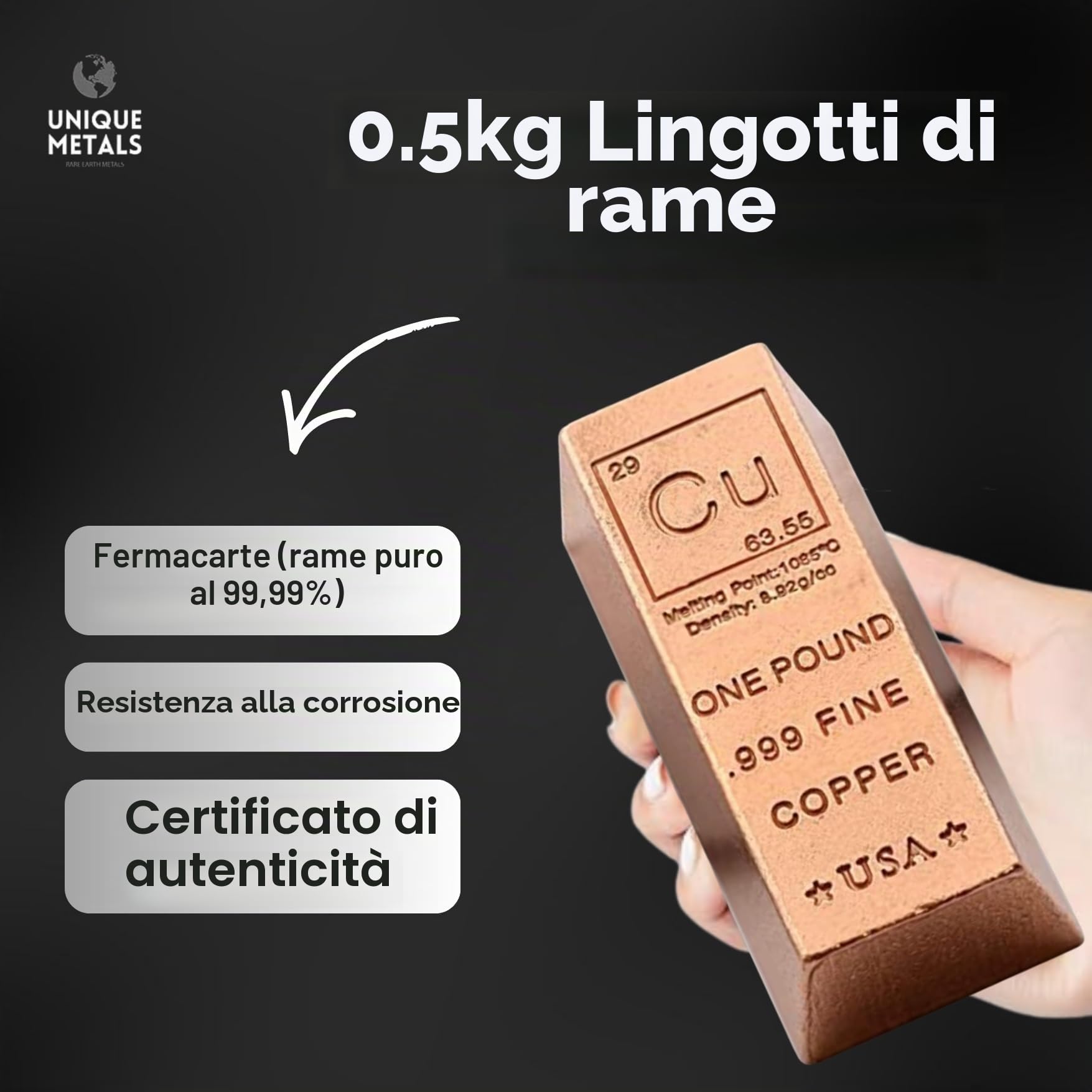 Unique Metals - Fermacarte in rame da 0,5 kg, design con elemento chimico puro con certificato di autenticità