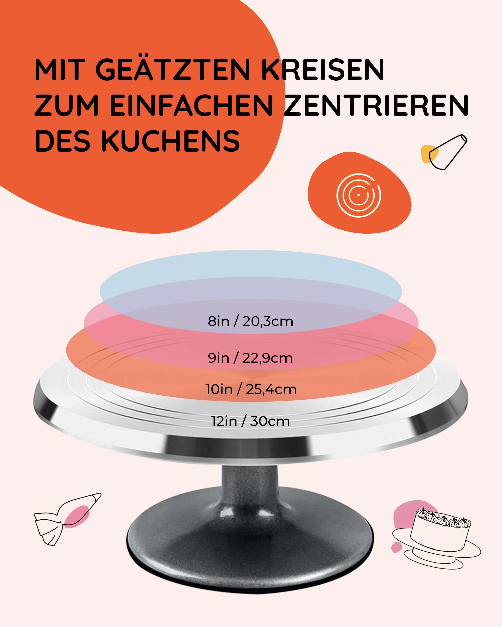 Wenburg Tortenplatte Drehbar aus Aluminiumlegierung - 35-tlg. Tortendeko Set - Drehbare Tortenplatte mit Zubehör - Spritzbeutel, Spritztüllen, E-Book & mehr I Torten Drehteller I Tortenständer