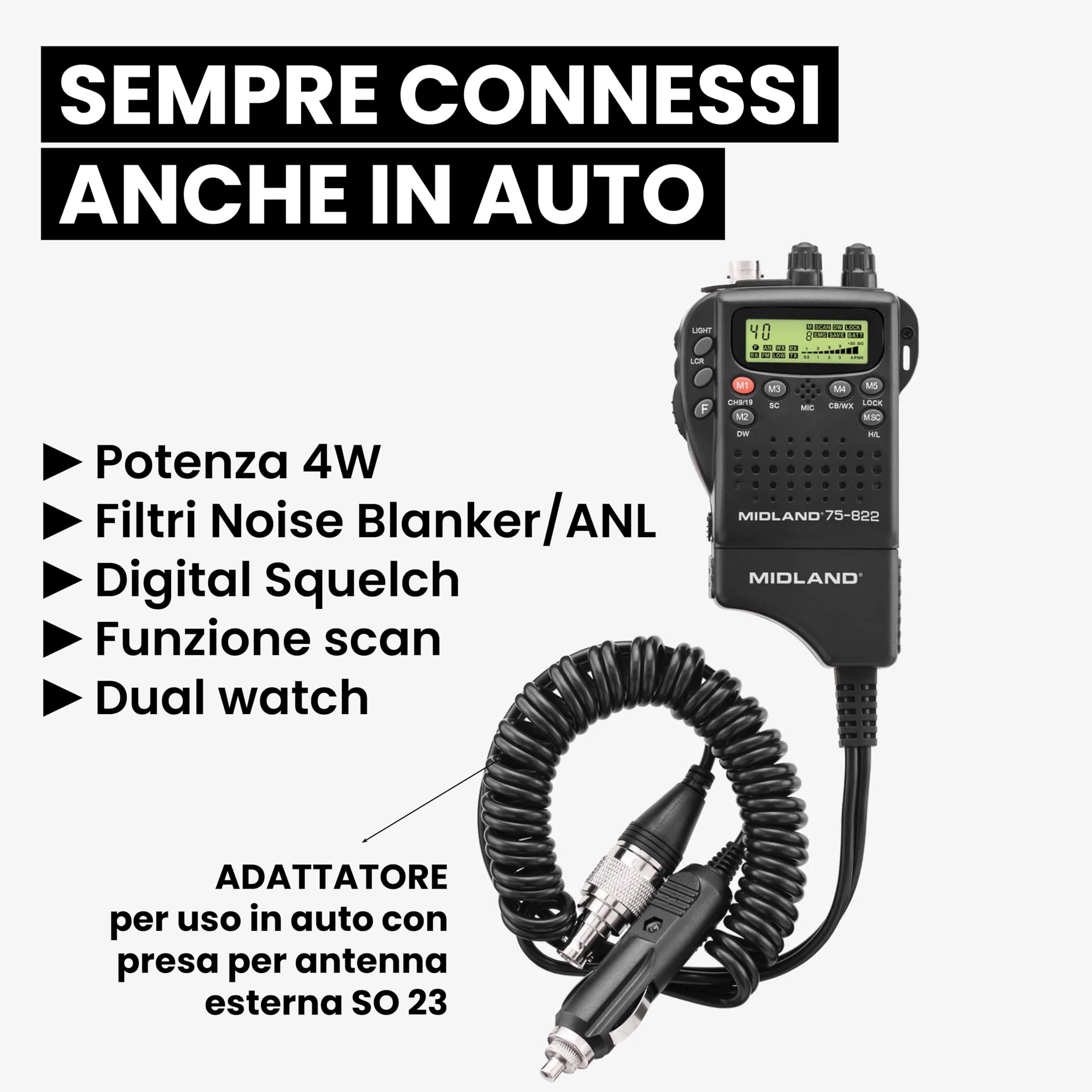 Midland - Radio CB Ricetrasmittente Portatile Senza Licenza Alan 42 DS, Multi Banda per Tutti Paesi EU, Squelch Digitale - Ricetrasmittenti Professionali AM/FM Presa 2 Pin, Antenna e Altri Accessori - 3