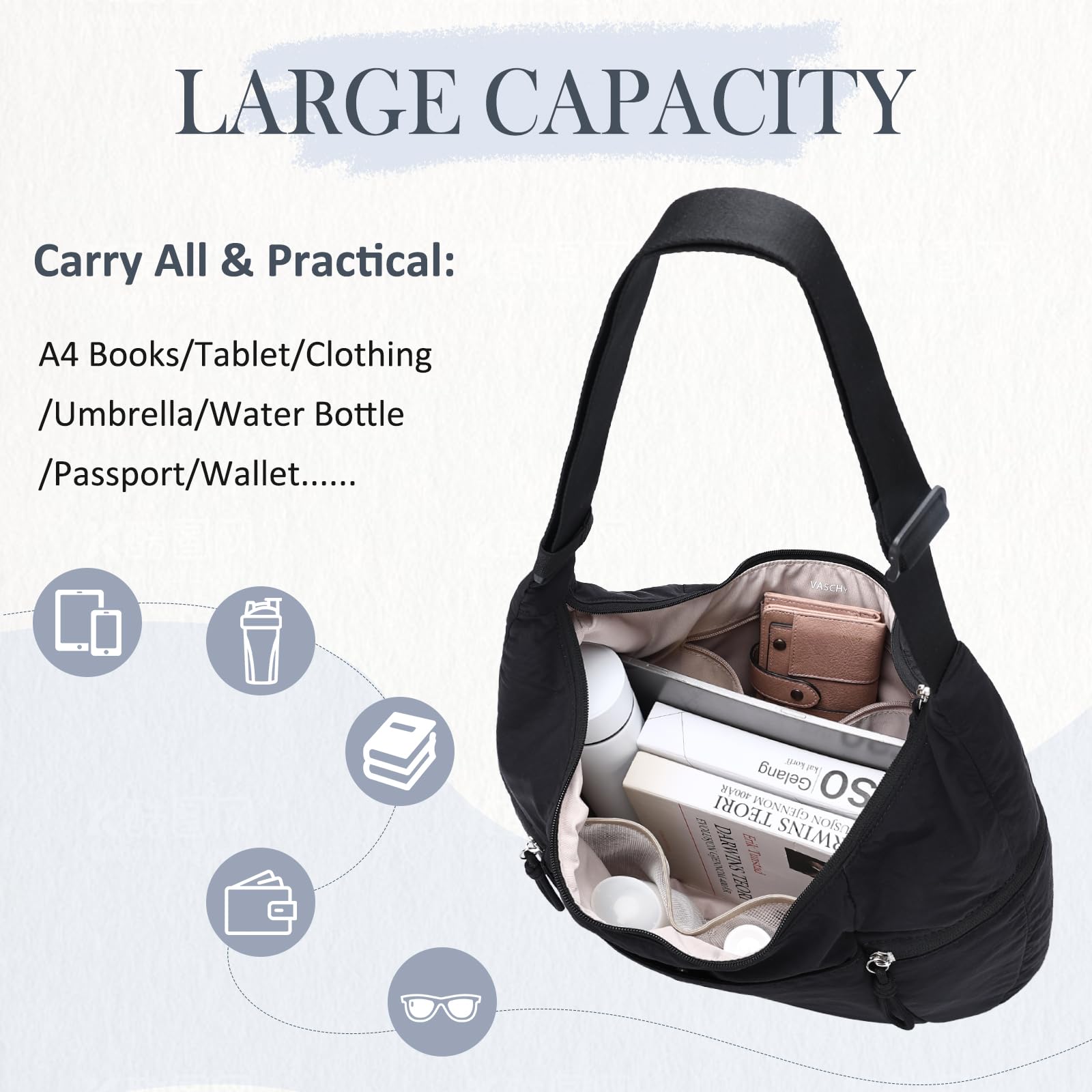 VASCHY Torba crossbody, półksiężyc, dla kobiet, na co dzień, lekka, nylonowa, średnia, luźna, hobo, torebka, na podróż, siłownię, do pracy, na uczelnię