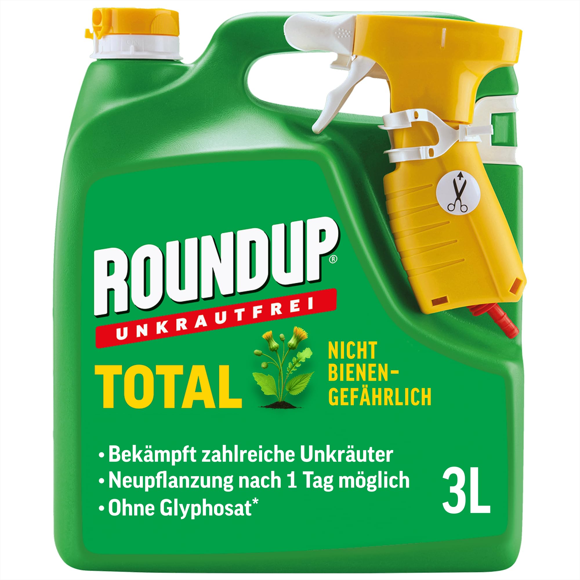 Roundup Unkrautfrei TOTAL, 3 Liter Sprühflasche, Unkrautvernichter, zur Bekämpfung von Unkräutern, Gräsern und Moos