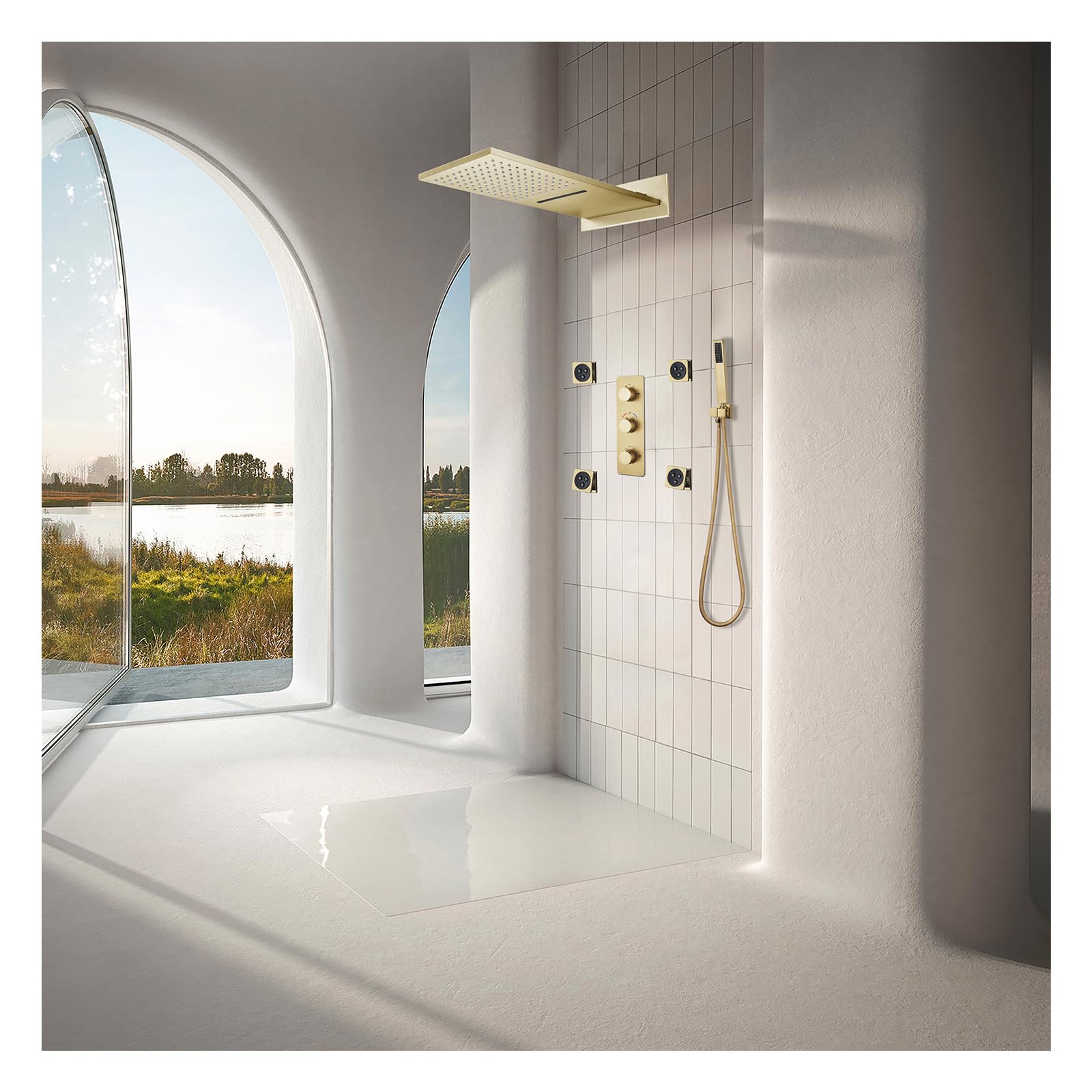 Columna Ducha Termostatica Ducha Empotrada con Ducha de Mano de 3 Funciones y 4 Ducha Lateral 560 * 220mm Modo Lluvia Cascada Lujoso Sistema de Ducha Oro Cepillado