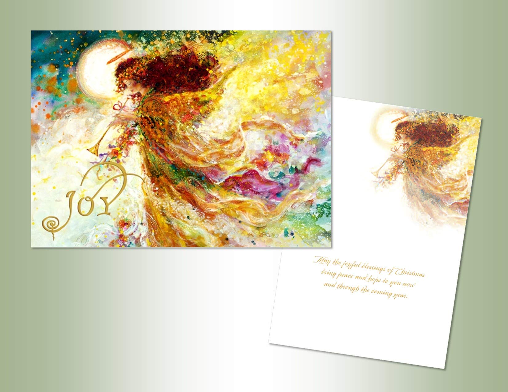 Performing Arts Boxed Christmas Cards with Full Color Inside Designs, Religious JOY Angel, (18-cards, 18-envelopes), Made In The USA