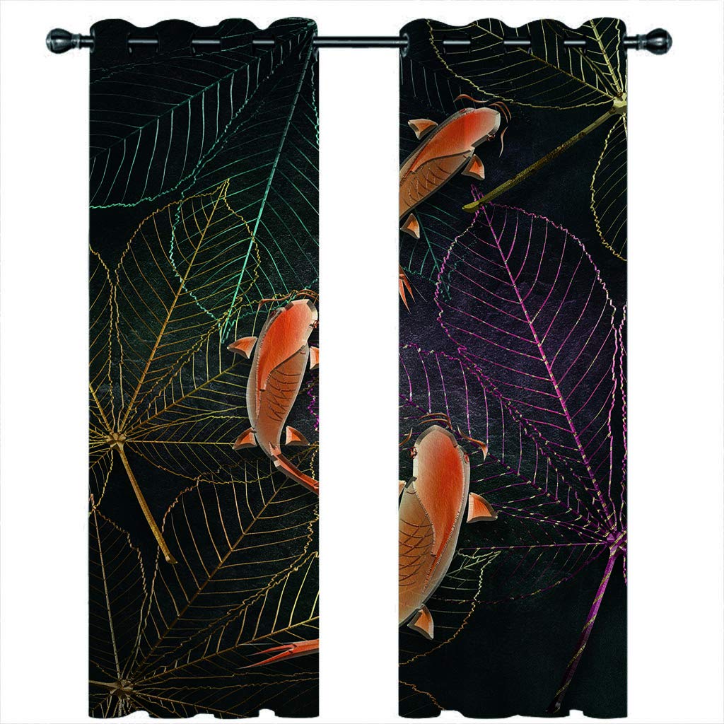 Rideau occultant isolant contre le froid et le bruit motif carpe koï or et noir