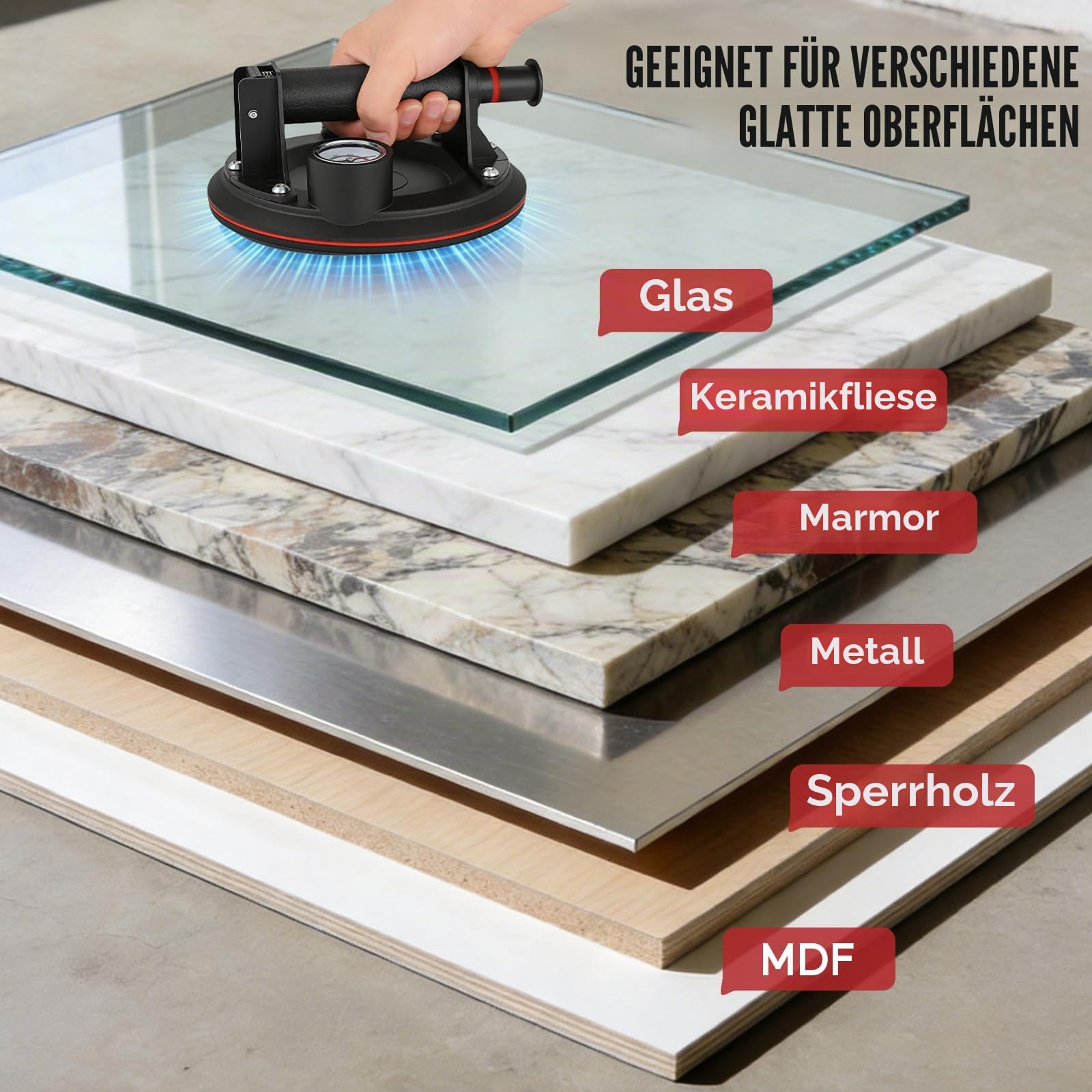 280KG 2er-Set Saugheber mit Manometer, 8" Vakuumheber Tragkraft Max.280KG, Vakuum Glassauger Glasheber für Glas, Fliesen, Granit, Metall