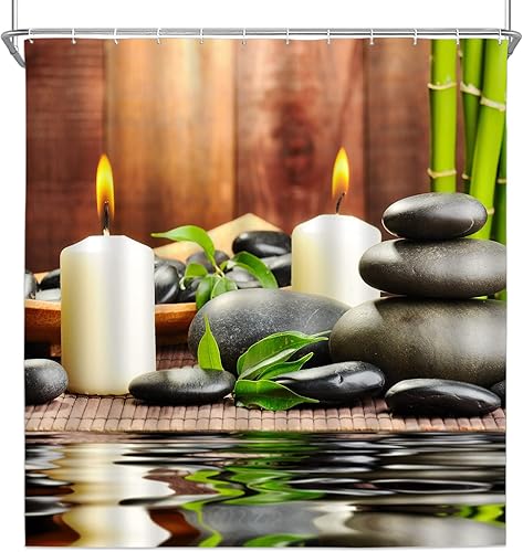 Miniatura 6 de Cortina de ducha de tela de poliéster, decoración de spa por baño, decoración de jardín zen para baño, diseño mágico japonés, velas de bambú, verde