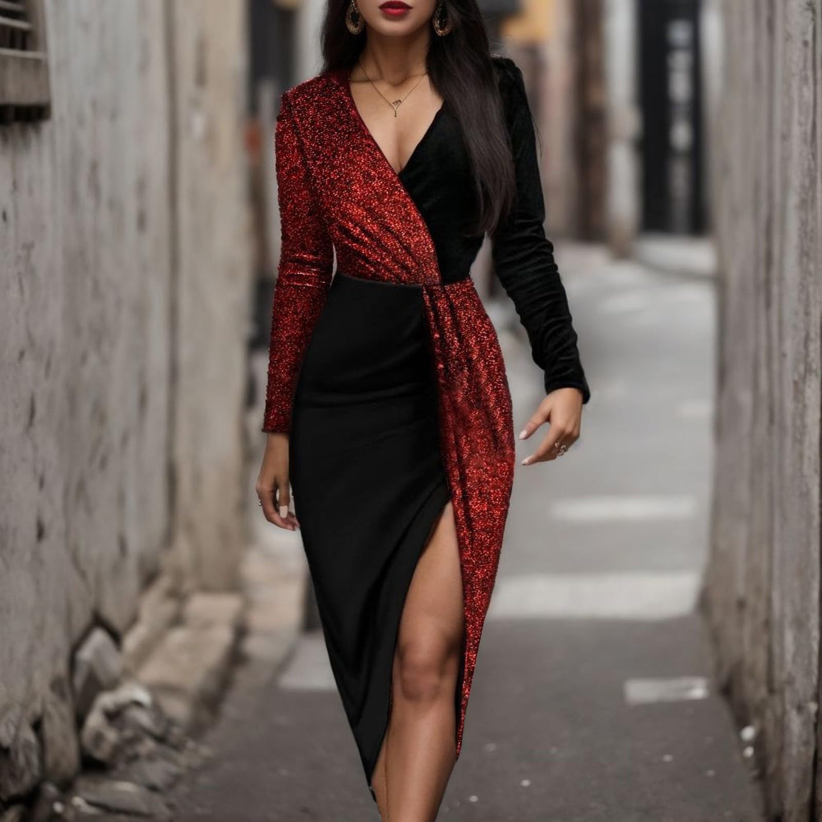 Fulidngzg Glitzer Kleid Langarm Damen Party Abendkleider Pailettenkleider Vintage Pailletten Glitzerkleid Silvesterkleid Schöne Winter Partykleid Cocktailkleid Schick Wedding Damenkleid Brautkleider