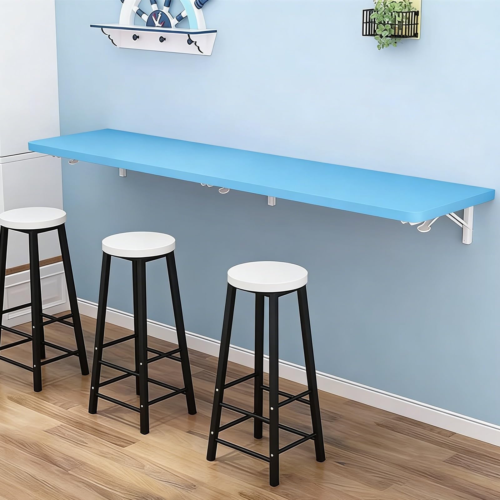 GDMDPTE Modern Wall-Mounted Folding Bar Table - Sleek 200cm Hanging Workbench for Home Office Tea Store Cafe Use (Blue) - Space-Saving Slim Design