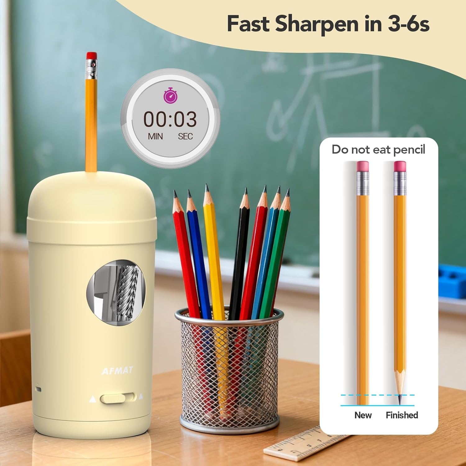 AFMAT Electric Pencil Sharpener, Fully Automatic Pencil Sharpener for 7-8mm Pencils & Colored Pencils, Auto in & Out, Rechargeable Vertical Hands-Free Sharpeners for Classroom/Home/Office PSX7(Beige)