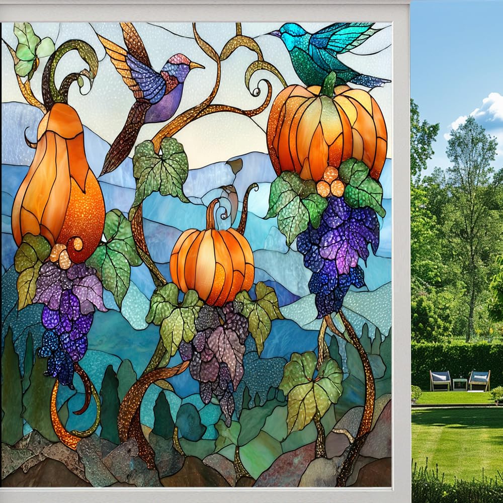 Nature Fall Bird Privacy Window Film, Pumpkin Botanical Scene Frosted Self-Adhesive Vinyl Cling for Glass Doors Bathroom Windows Sun Blocking Heat Control,（80x140cm）