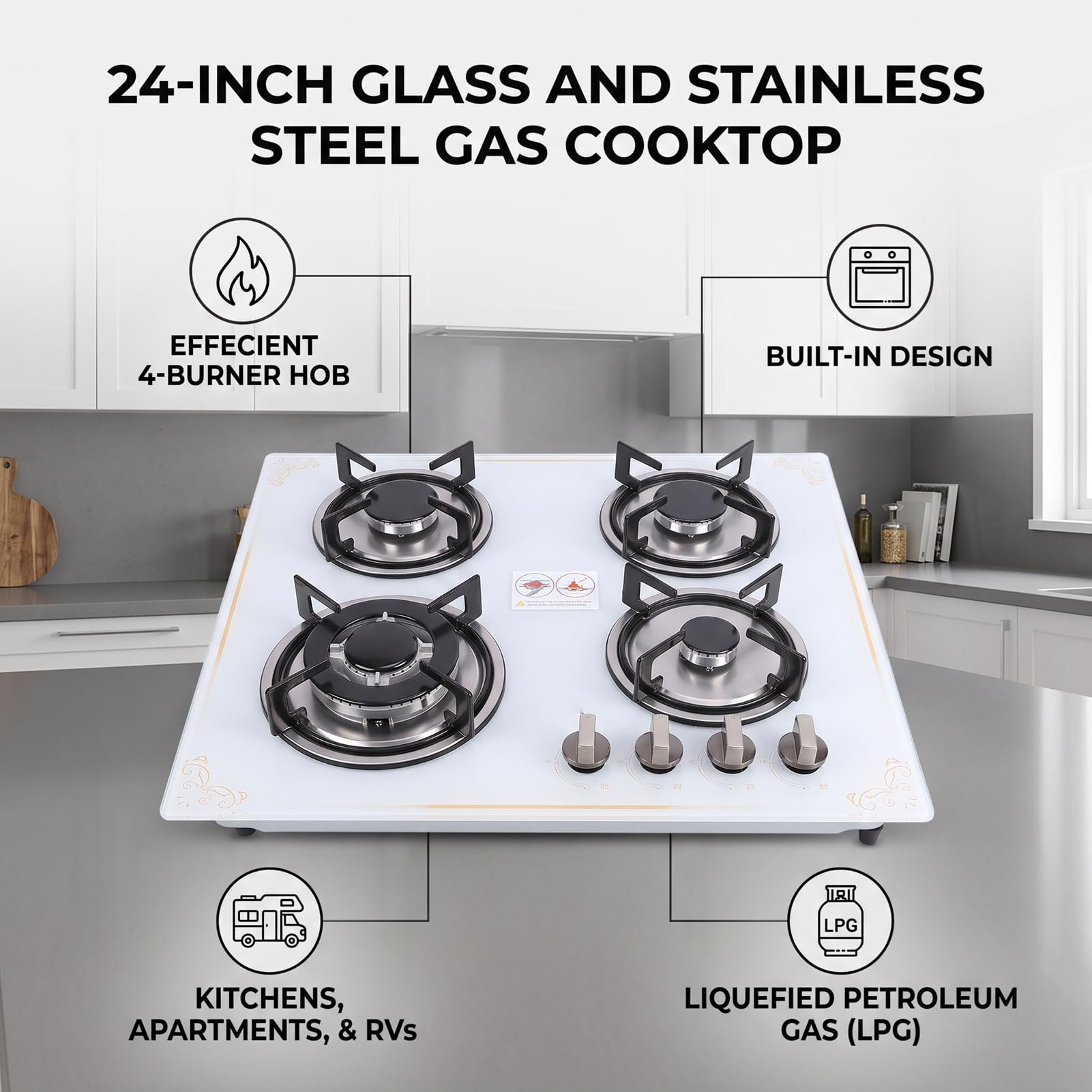 Haofy Cuisinière à Gaz 4 Brûleurs 24 Pouces, Table en Verre et Acier