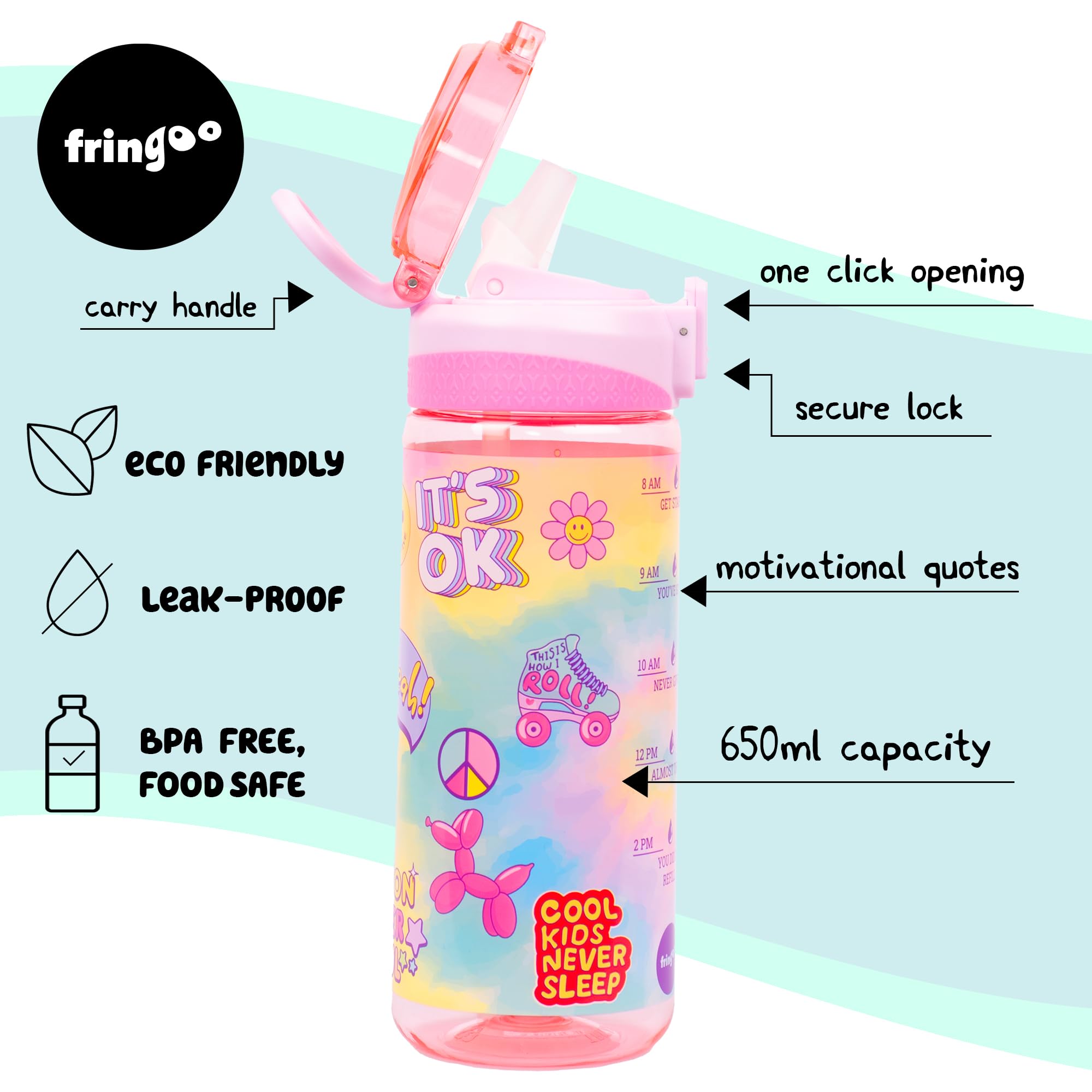 Fringoo, 650ml Kids Water Bottle, Carry Handle 100% Leakproof & BPA Free Tritan Silicon Straw, Secure Flip Lock Lid - Image 2