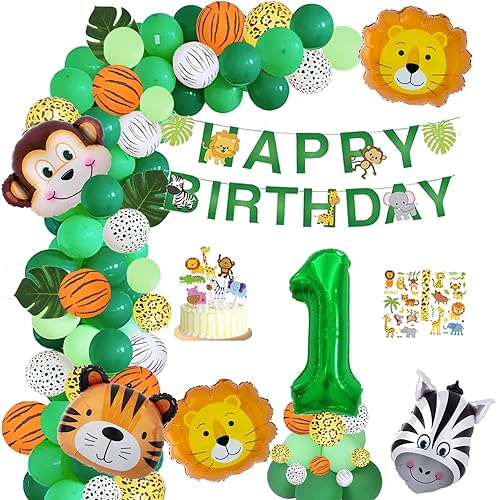 Kit de arco de globos con temática de selva para bebé niño y niña de 1 año, guirnalda de globos verdes de feliz cumpleaños, suministros de fiesta de