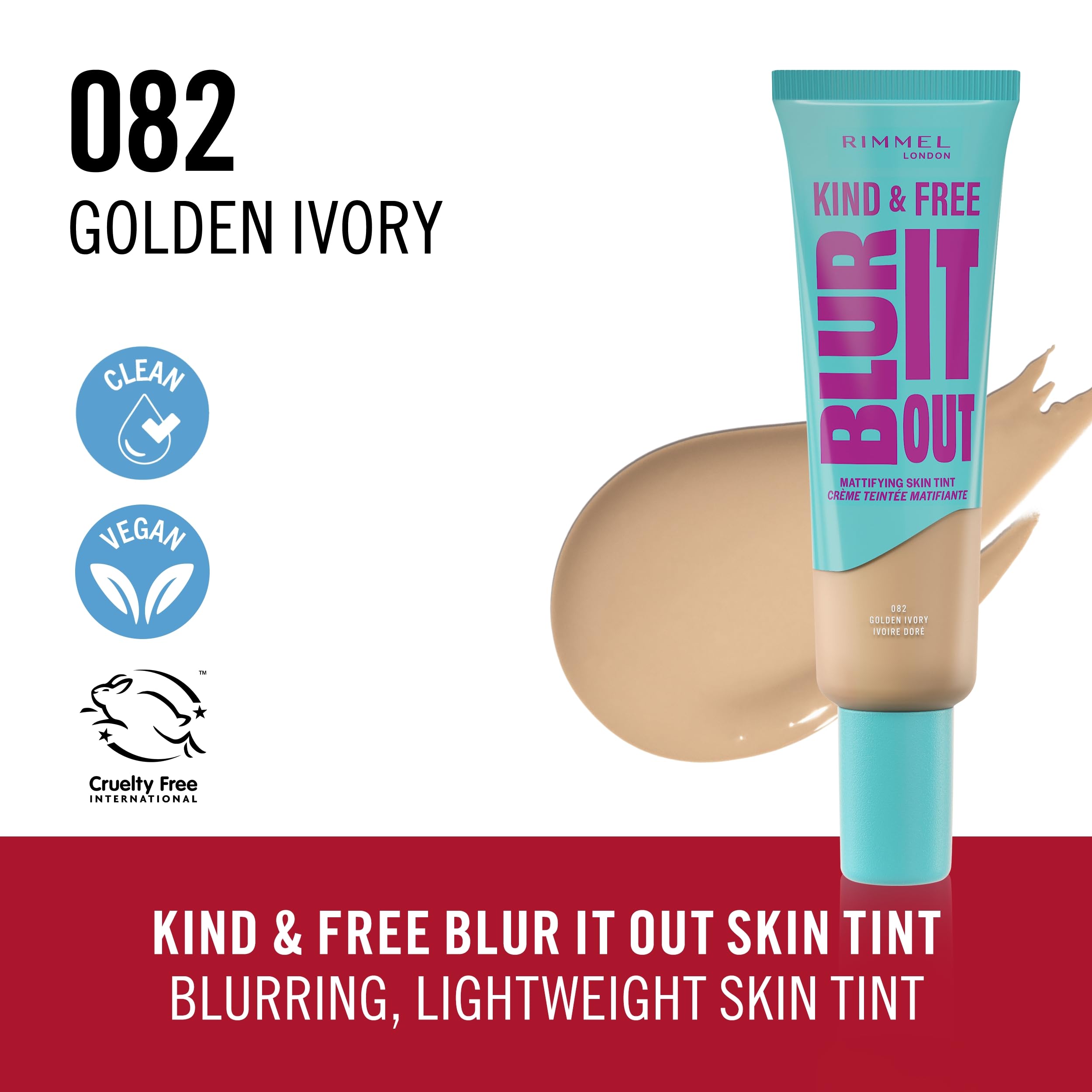 Rimmel Kind & Free, Blur It Out Mattifying Skin Tint, 082 Golden Ivory, Lightweight Matte Finish, Minimises Pores - Image 2