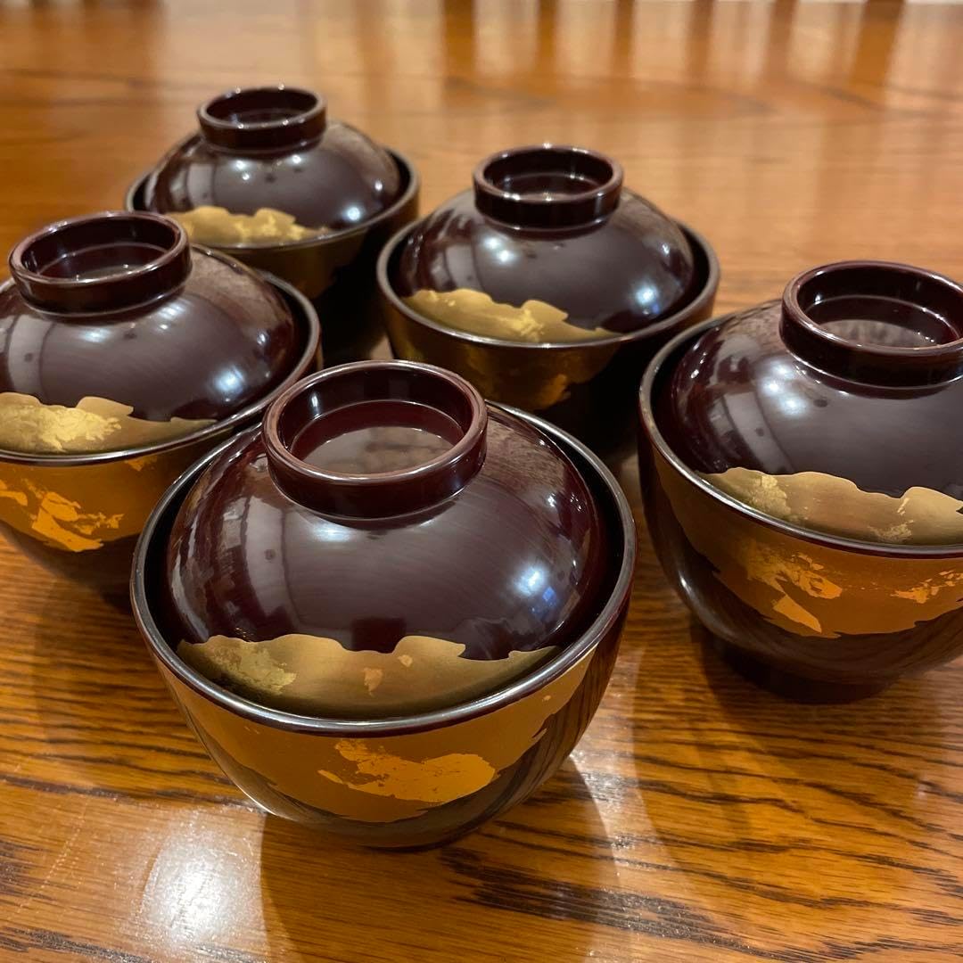 金蒔絵 木製 繪津塗 漆器 印章付吸物碗 汁椀 蓋碗 8客セット 会津塗 金彩蒔絵桜鈴文様 蓋付きお吸物椀 雑煮椀 お椀 5客セット