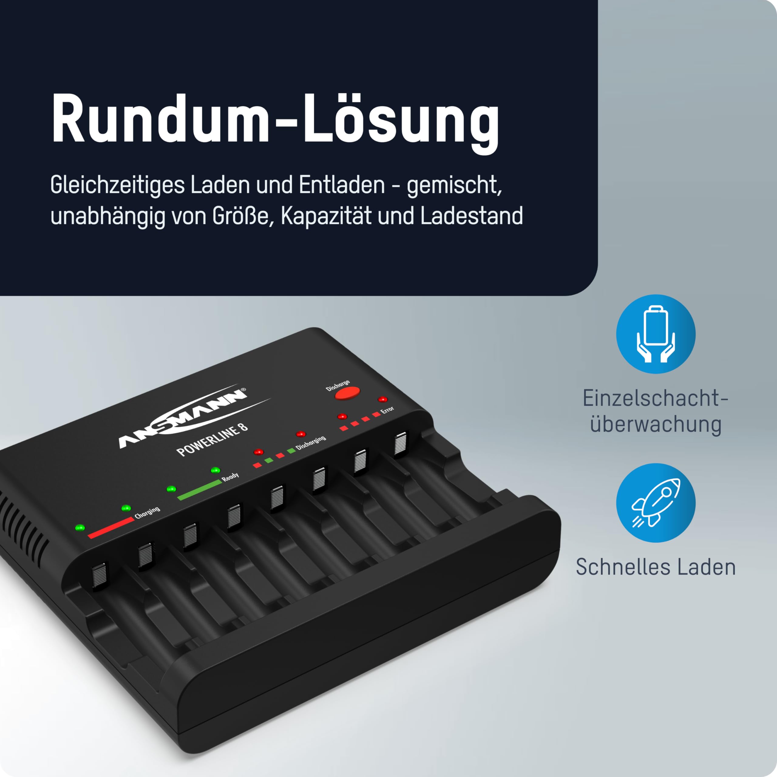 Powerline 8 Intelligentes Schnellladegerät für AA/AAA Akkus mit LED-Anzeige Defekterkennung und Überladeschutz