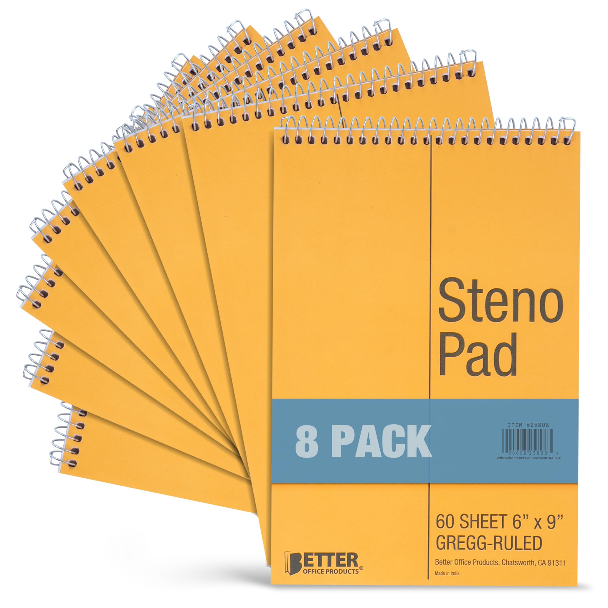 Better Office Products Spiral Steno Pads, 8 Pack, 6 x 9 inches, 60 Sheets, White Paper, Gregg Rule, Natural Board Cover, 8 Steno Notebooks