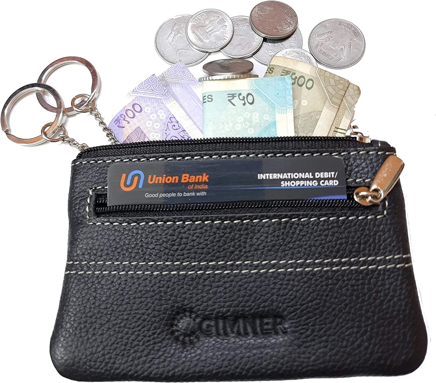 GIMNER Genuine Leather Coin Purse/Coin Pouch with 2 Key Holding Chain Custom Upper for Women (Set of 1 Color Black) (Black) 3